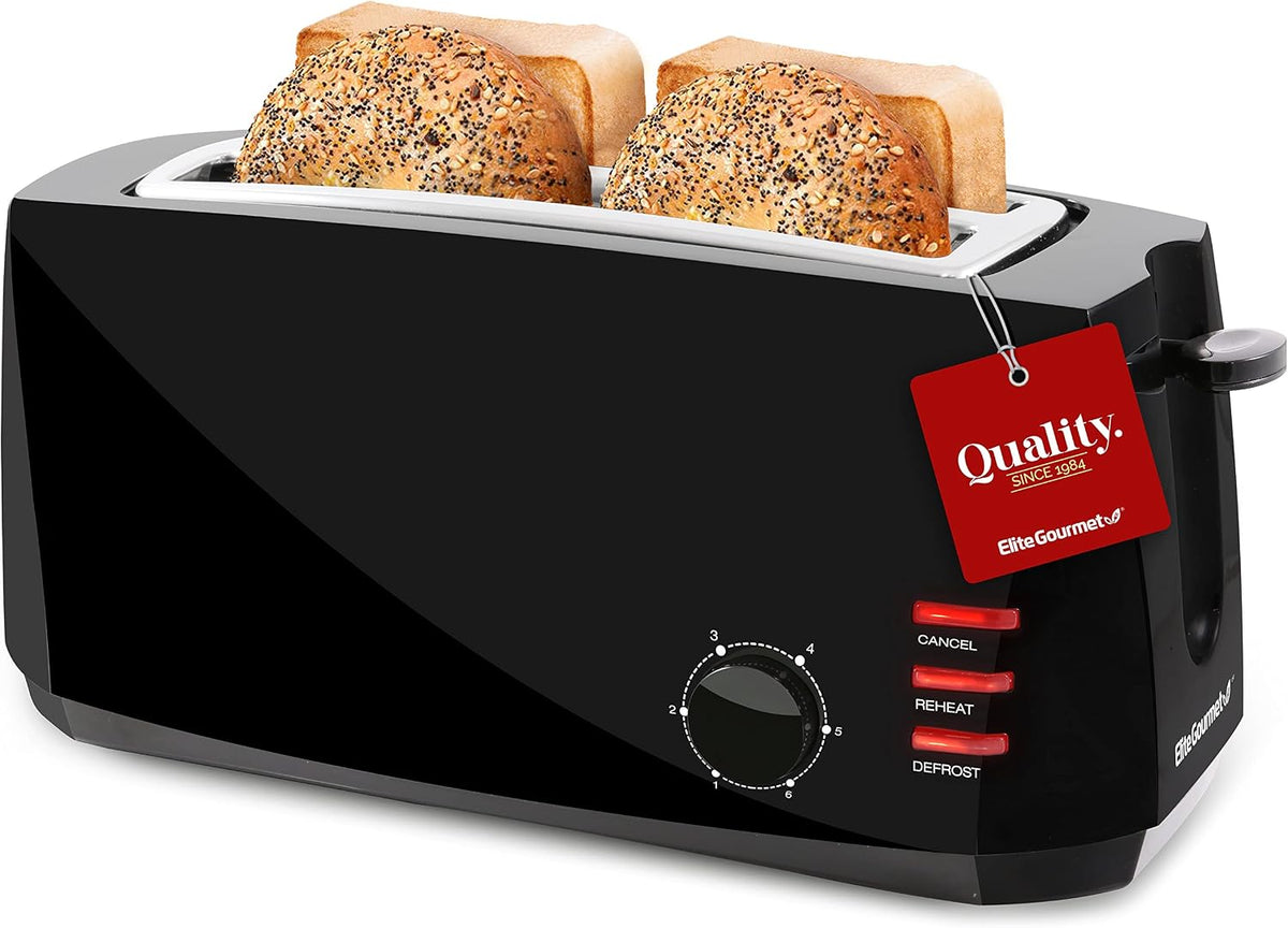 Elite Gourmet ECT4829B Maxi-Matic 4 Slice Long Slot Toaster 6 Toast Settings, Defrost, Reheat, Cancel Functions, Extra Wide 1.5"" Slots for Bagels Waffles, Slide Out Crumb Tray", black