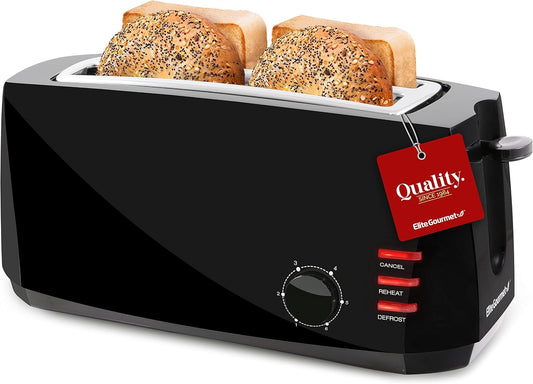 Elite Gourmet ECT4829B Maxi-Matic 4 Slice Long Slot Toaster 6 Toast Settings, Defrost, Reheat, Cancel Functions, Extra Wide 1.5"" Slots for Bagels Waffles, Slide Out Crumb Tray", black