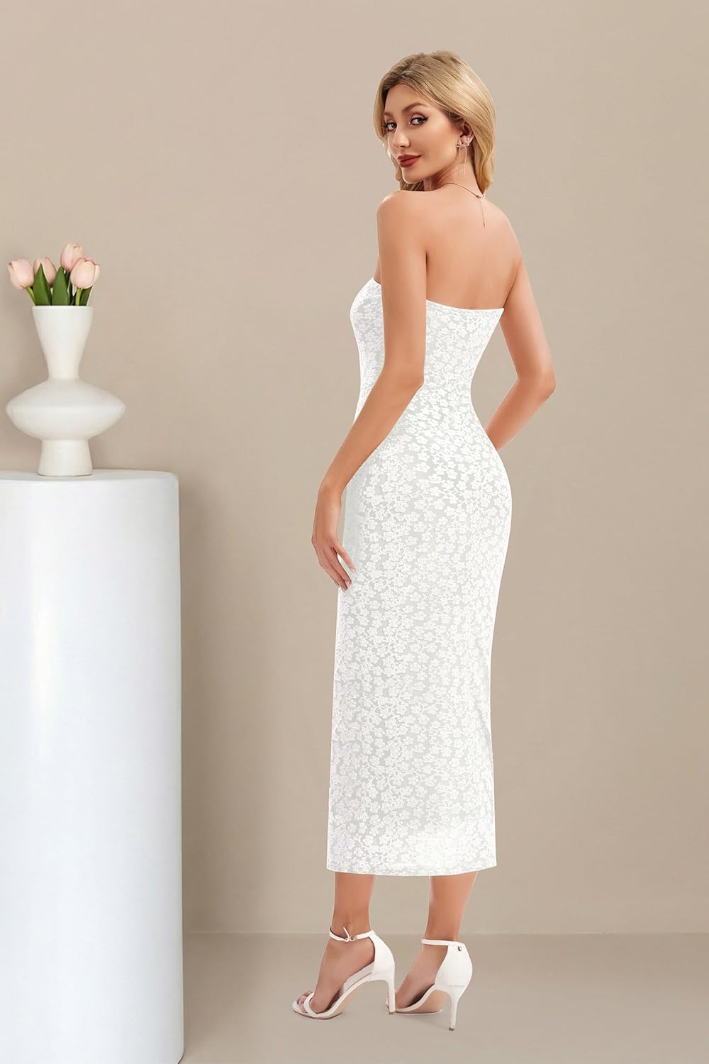 Women's Jacquard Floral Strapless Bodycon Midi Dress Off Shoulder Tube Beach Wedding Guest Bridal Dresses