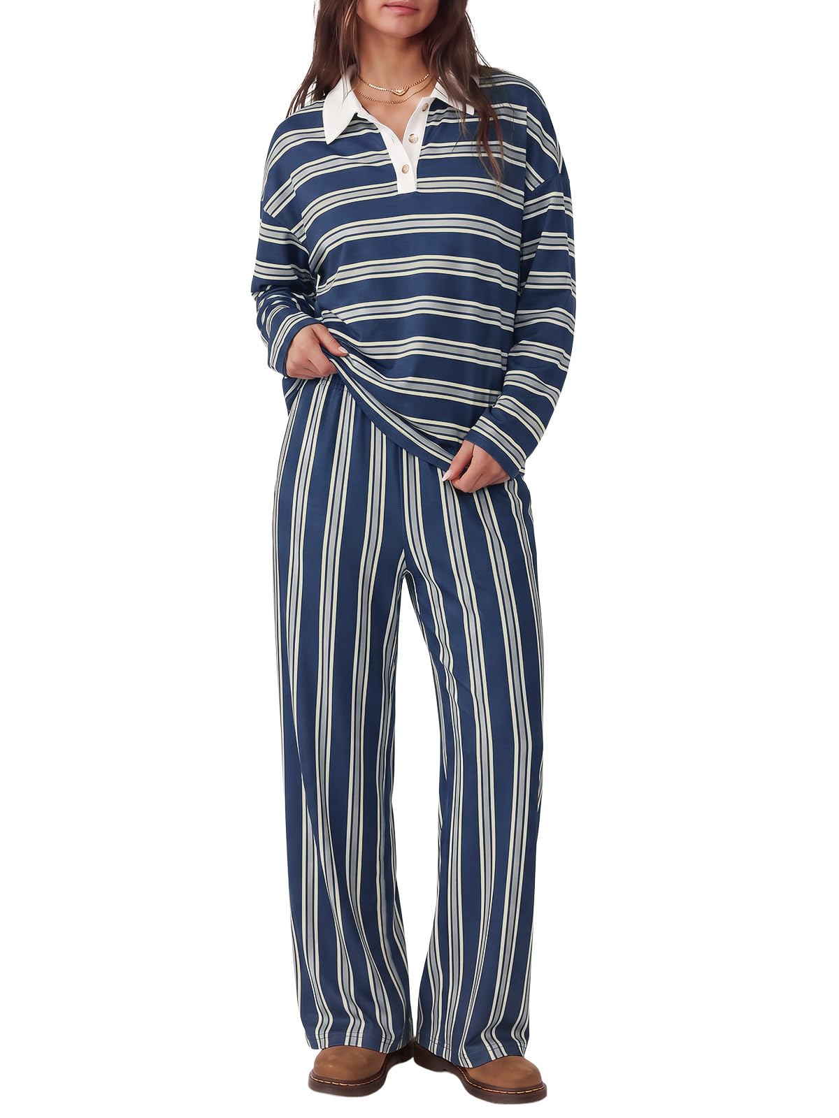 Tankaneo Womens Striped 2 Piece Lounge Sets Long Sleeve Pants Sets