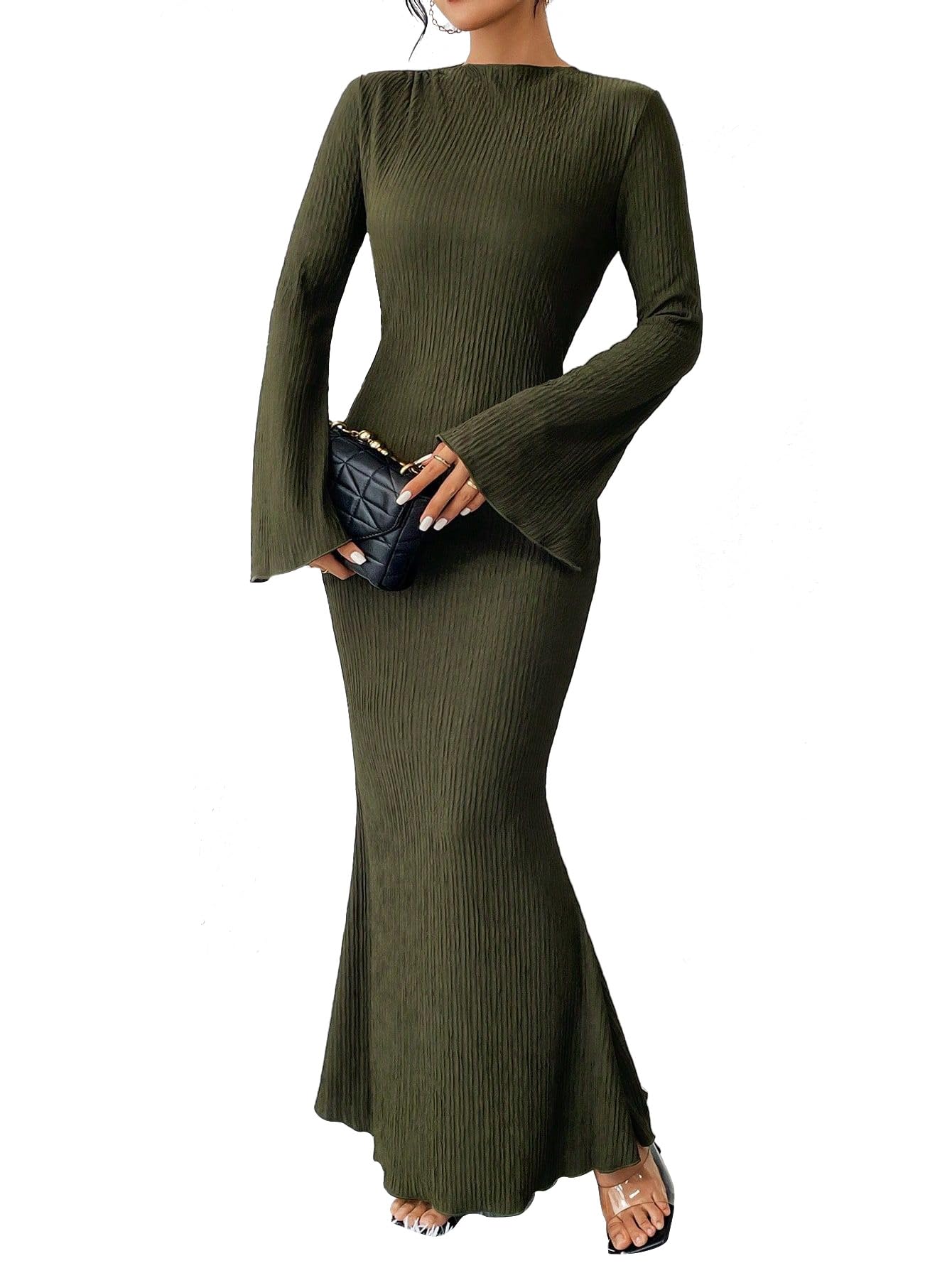 Narecte Fall Dresses for Women 2025 Maxi Dresses Solid Color Boho Dress Flare Sleeve Bodycon Dress