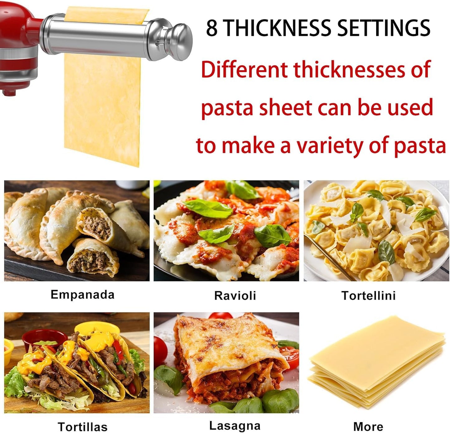 Pasta Maker Attachments for Kitchenaid Mixers, 3-Pieces Pasta Accessories Included Stainless Steel Dough Sheet Roller, Fettuccine Cutter, Spaghetti Cutter and Cleaning Brush