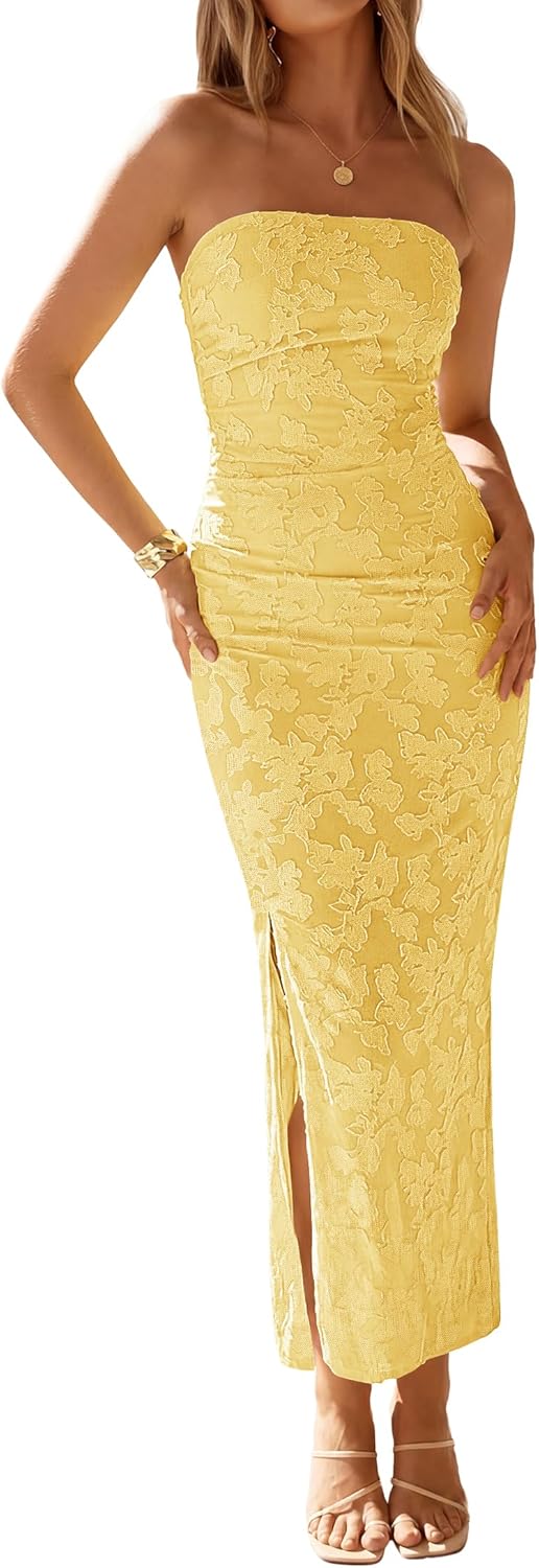 ZESICA Womens 2026 Summer Floral Strapless Maxi Dress Bodycon Side Slit Mesh Formal Cocktail Party Wedding Guest Long Dresses