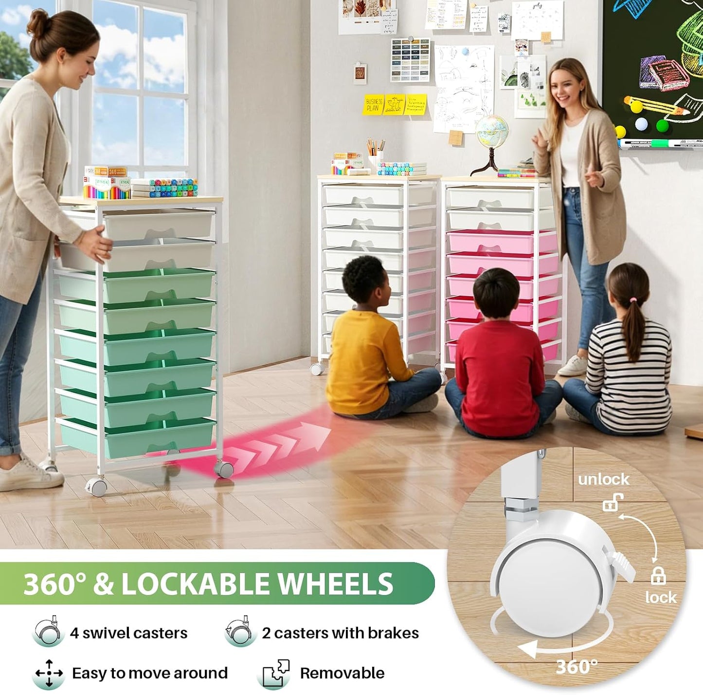Goovilla Rolling Cart with 8 Drawers for Art, Dorm, Office, Craft, Green