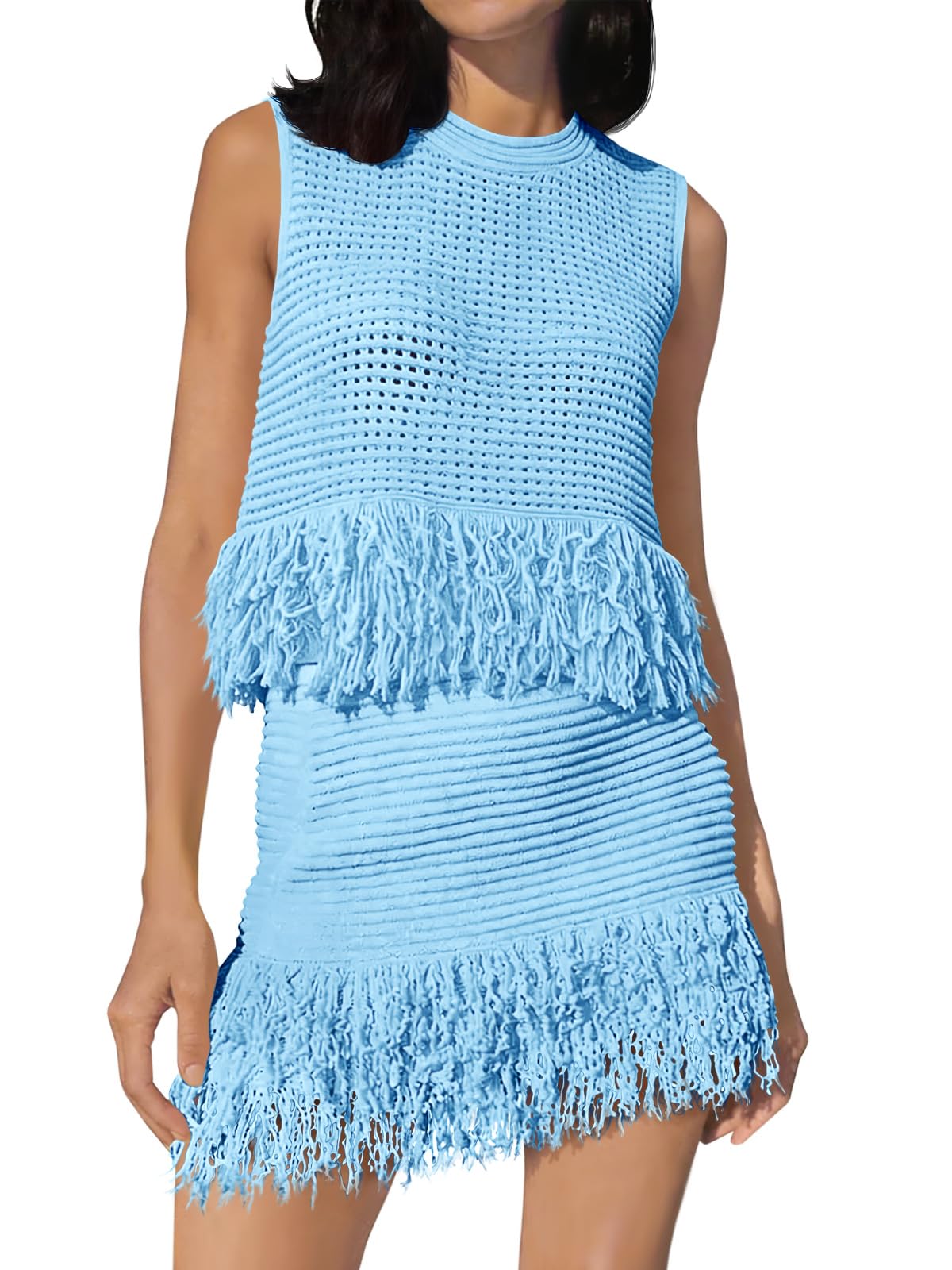 Fisoew Womens 2 Piece Crochet Outfits Sleeveless Knit Sweater Tops Fringe Skirts Summer Vacation Sets Beach Cover Ups