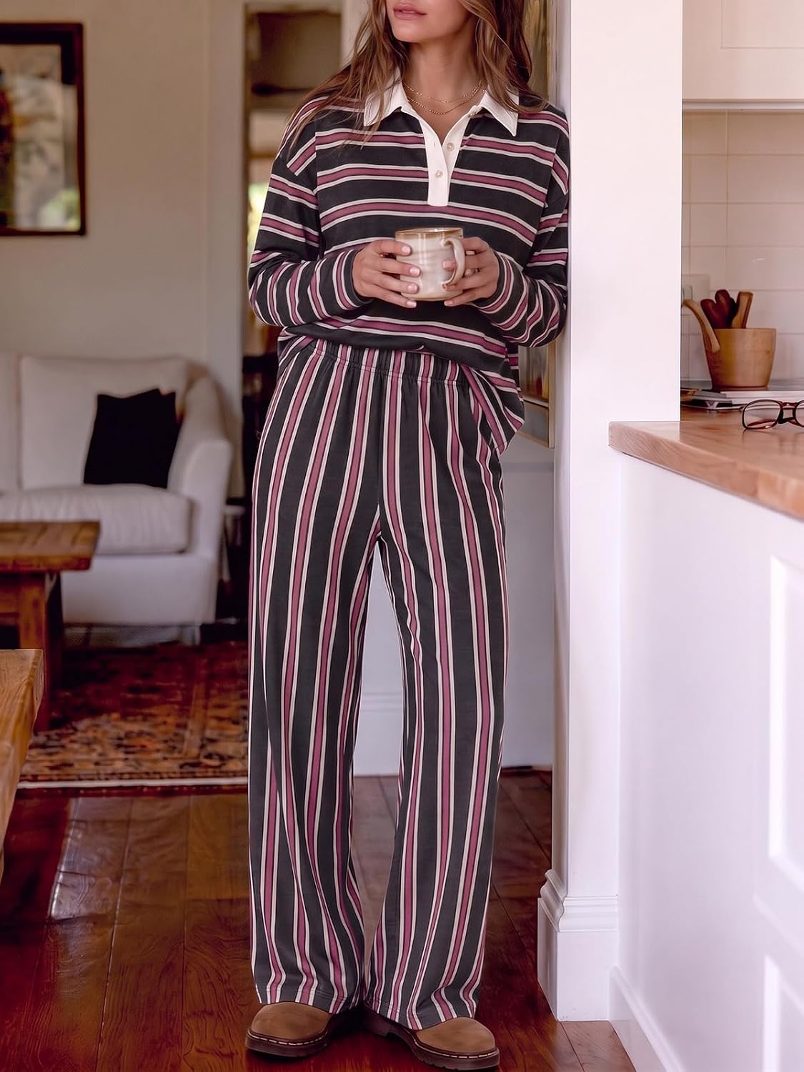 Tankaneo Womens Striped 2 Piece Lounge Sets Long Sleeve Pants Sets