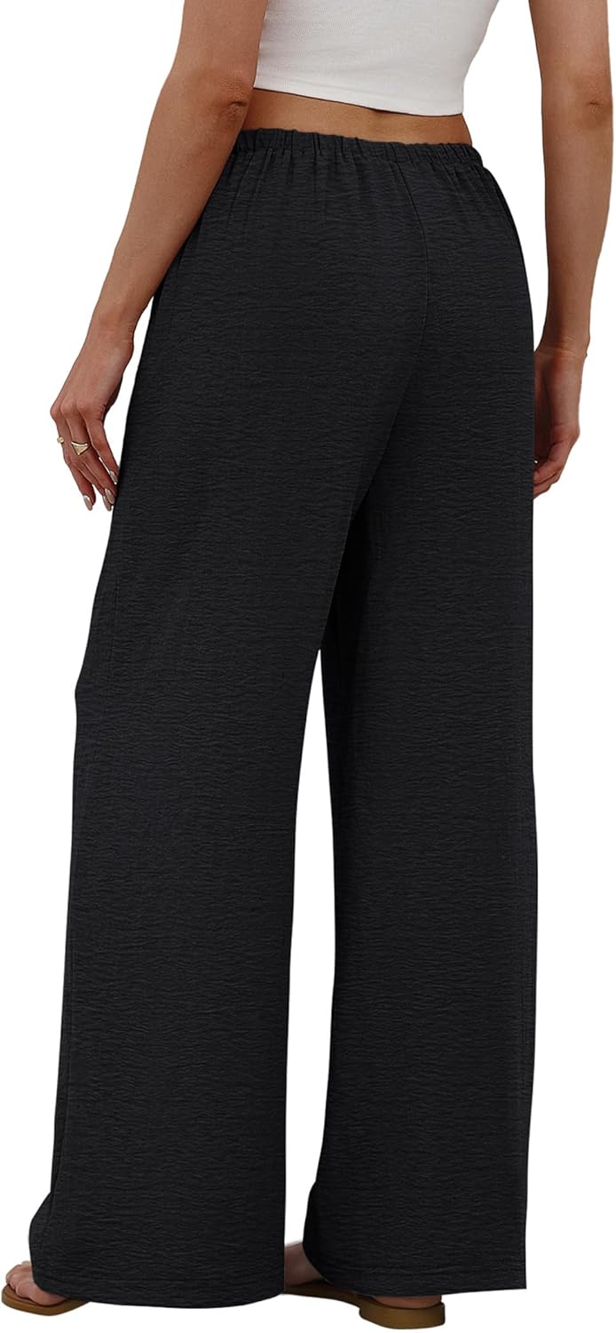 Sampeel Wide Leg Pants for Women Flowy Palazzo Drawstring Elastic Waist Trousers with Pockets Summer Beach Vacation Clothes