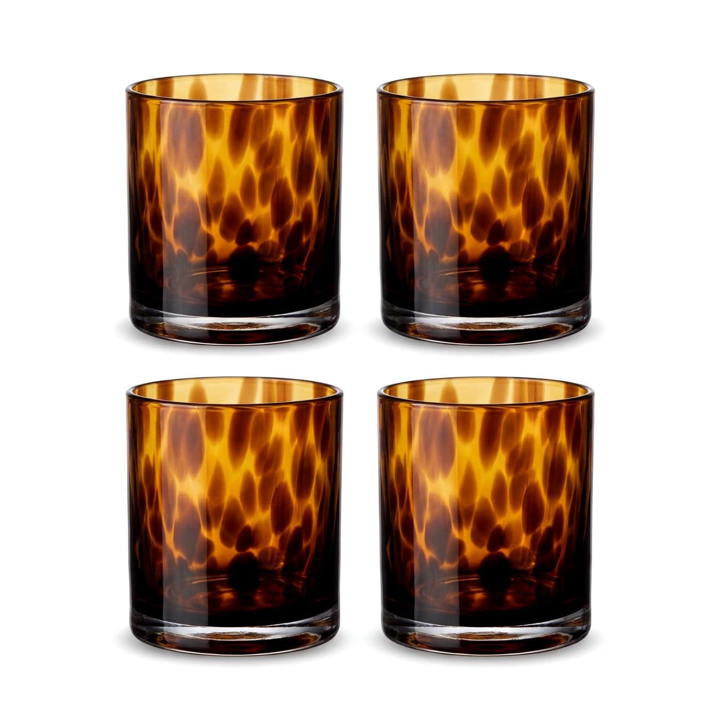 Honeydak Set of 4 Tortoise Leopard Print Brown 16oz Rocks Glasses Stylish Stemless Cocktail Cups Glass Glassware Tumbler Ideal for Gin, Tequila, Vodka, Soft Drinks