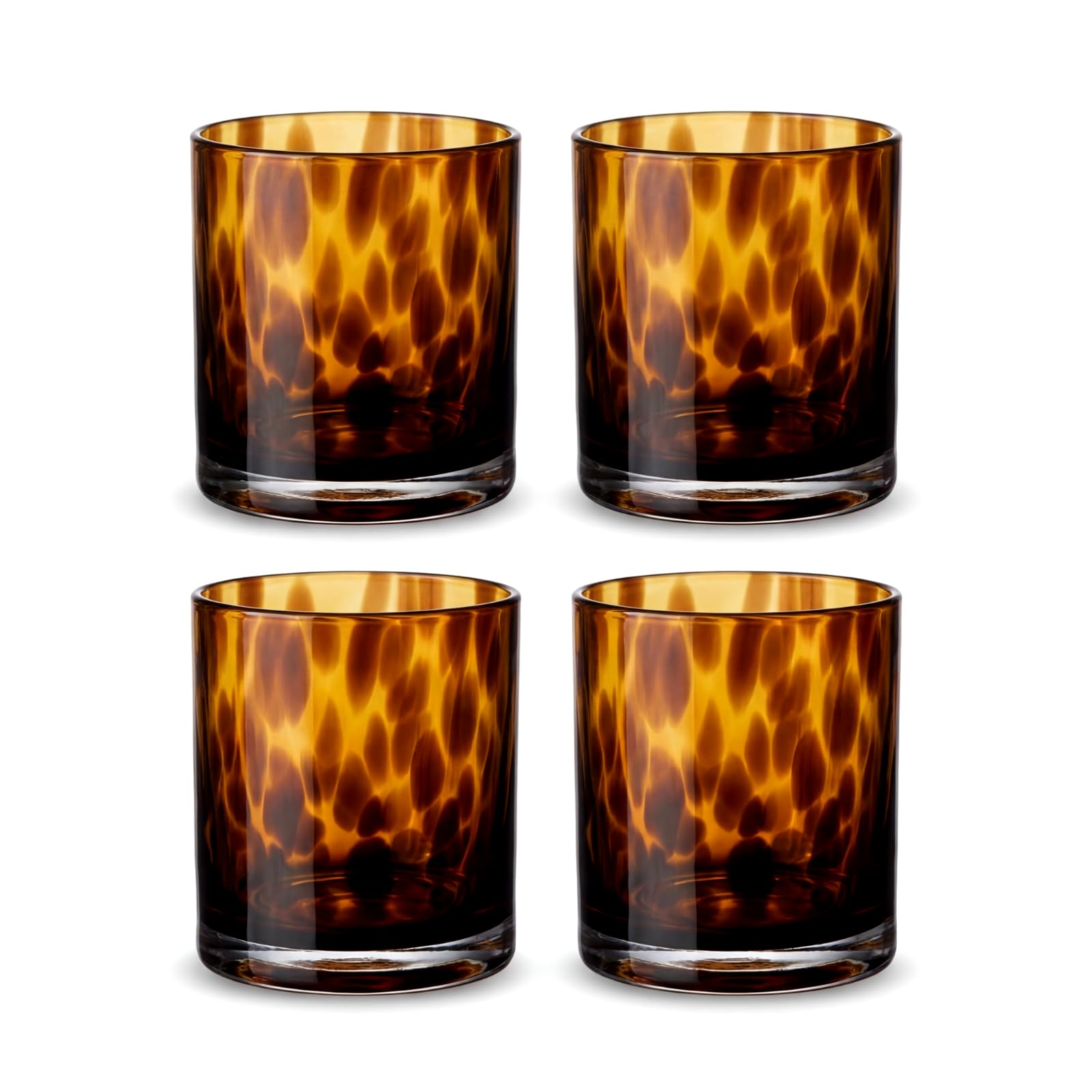 Honeydak Set of 4 Tortoise Leopard Print Brown 16oz Rocks Glasses Stylish Stemless Cocktail Cups Glass Glassware Tumbler Ideal for Gin, Tequila, Vodka, Soft Drinks
