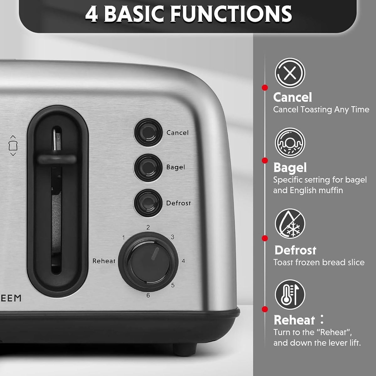 BUYDEEM DT440 4-Slice Toaster, 6 Shade Settings, 1.5" Wide Slots, Silver