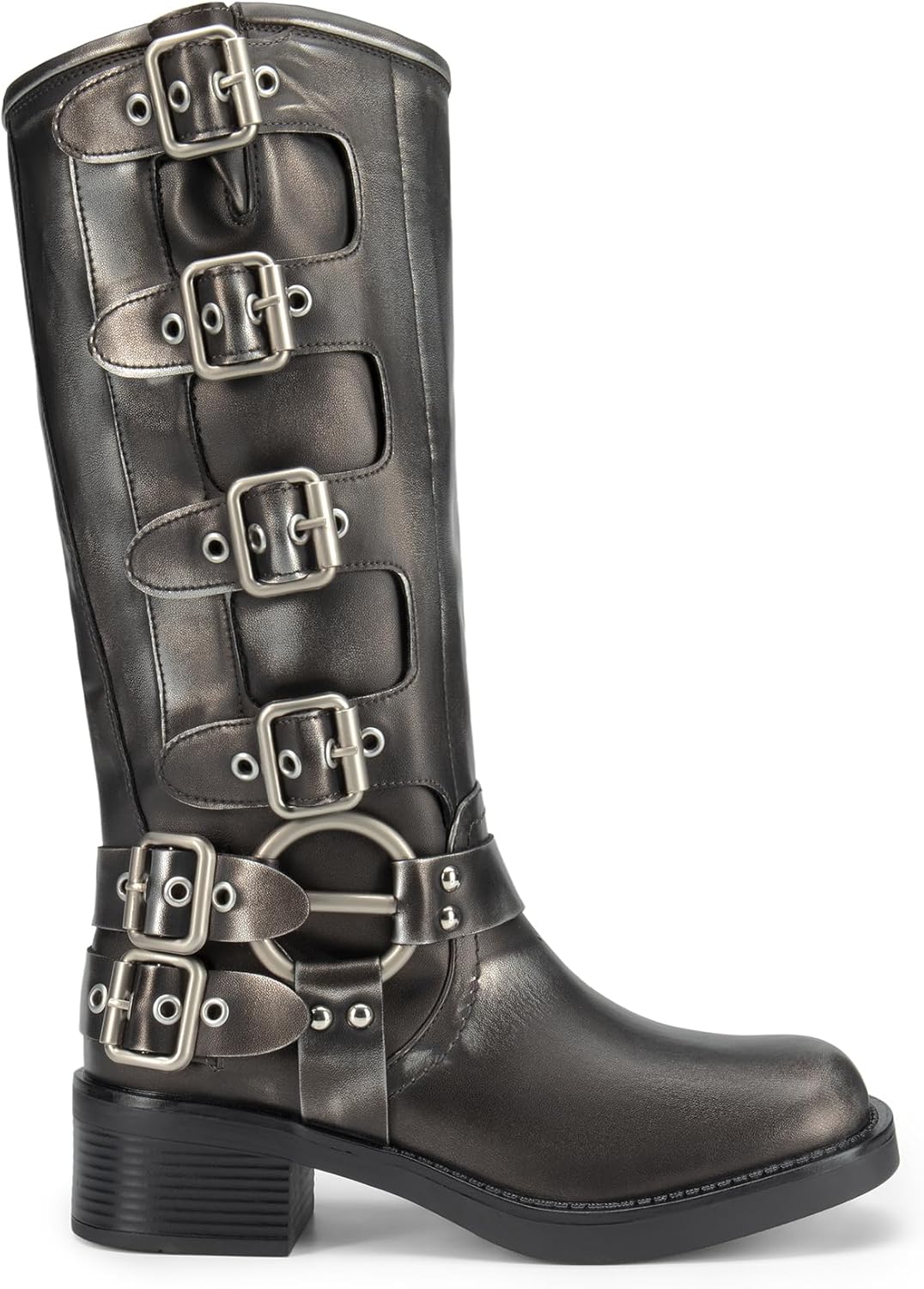 DREAM PAIRS Women's Knee High Riding Boots Side Zipper Motorcycle Boots Square Toe Chunky Heel Fashion Buckles Biker Boots