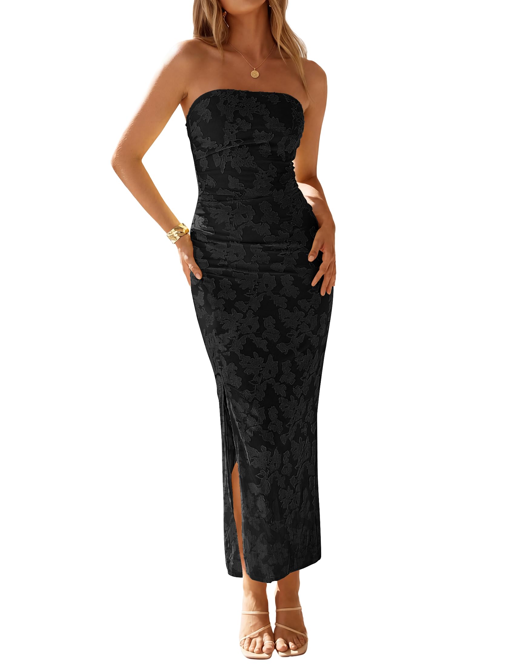 ZESICA Womens 2026 Summer Floral Strapless Maxi Dress Bodycon Side Slit Mesh Formal Cocktail Party Wedding Guest Long Dresses