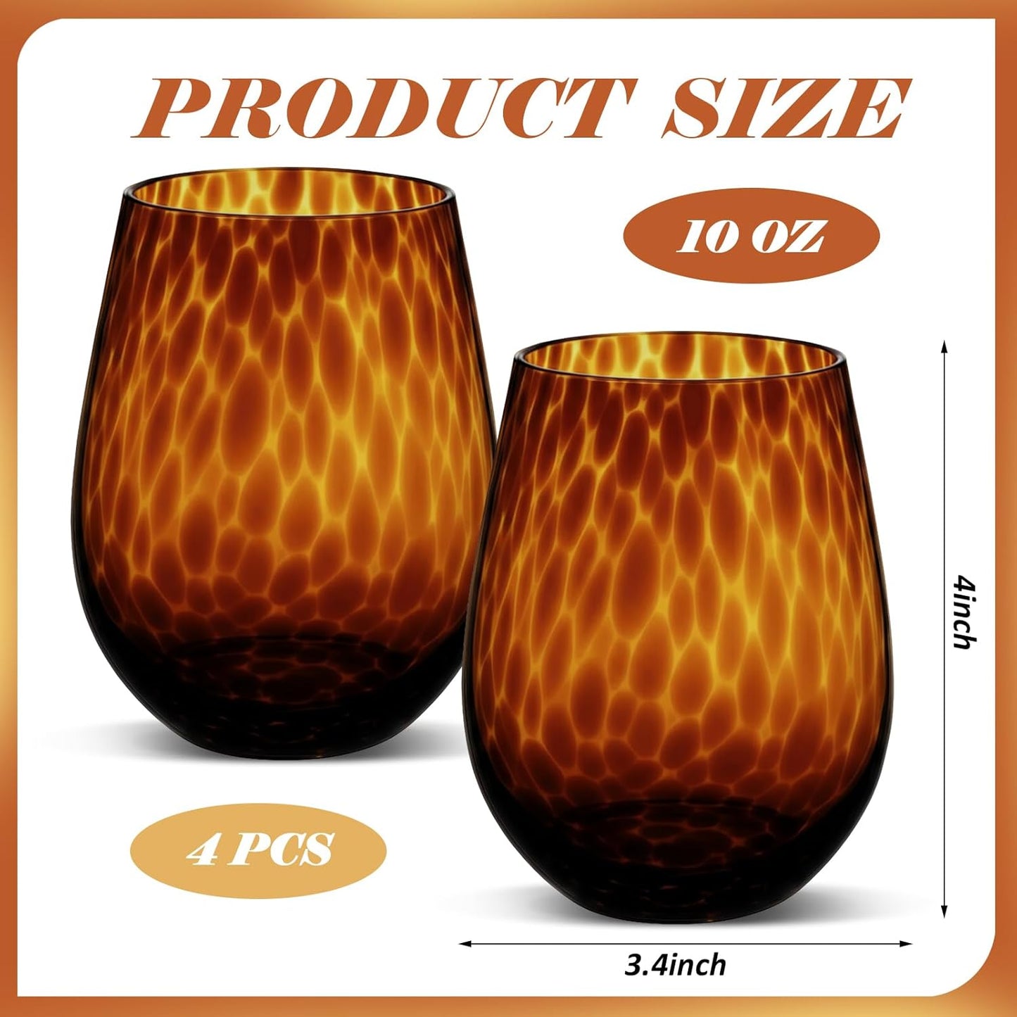 Honeydak Set of 4 Tortoise Leopard Print Brown 16oz Rocks Glasses Stylish Stemless Cocktail Cups Glass Glassware Tumbler Ideal for Gin, Tequila, Vodka, Soft Drinks