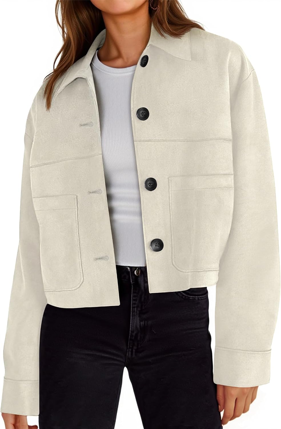 Tankaneo Womens Cropped Faux Suede Leather Jackets Lapel Collar Shackets