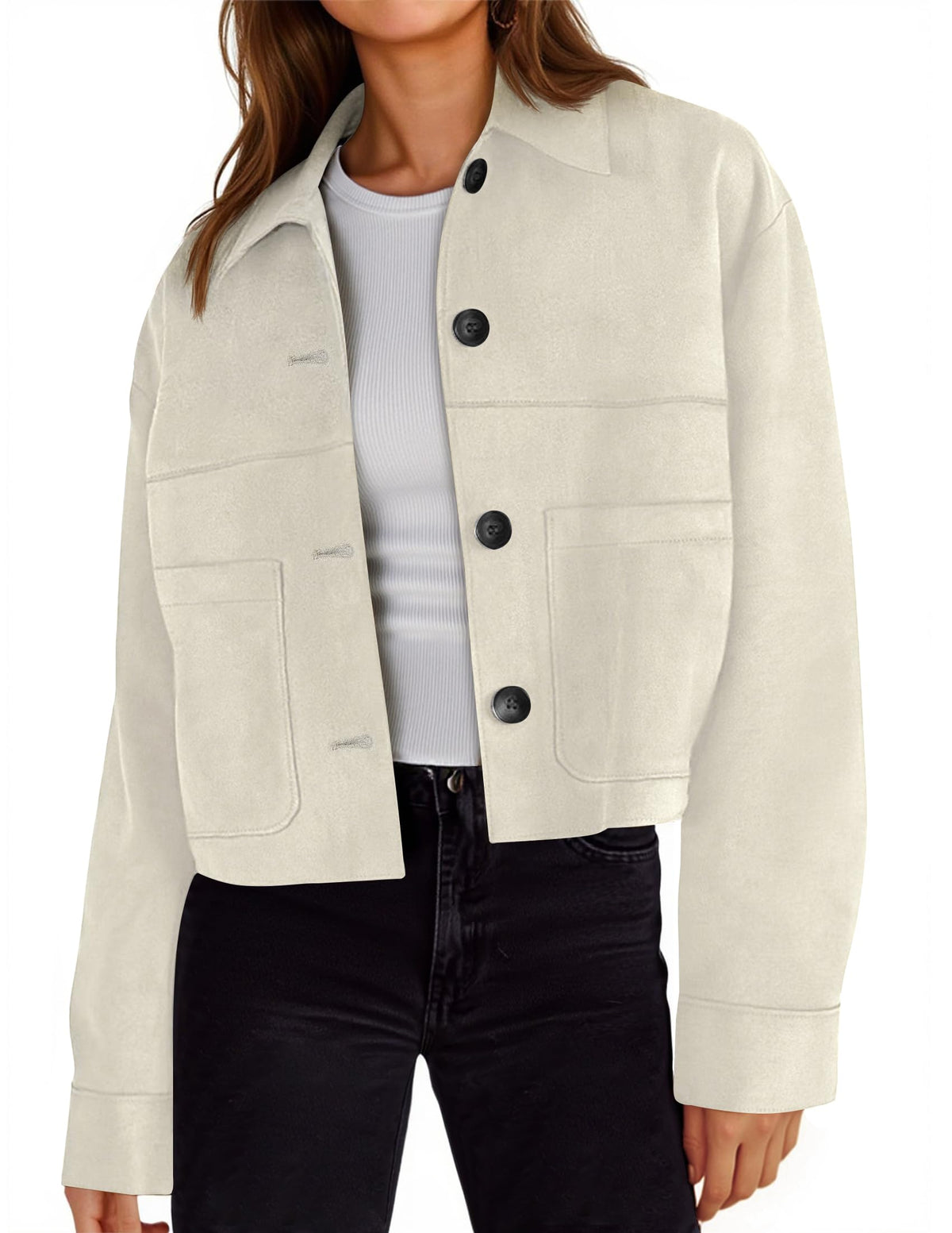 Tankaneo Womens Cropped Faux Suede Leather Jackets Lapel Collar Shackets