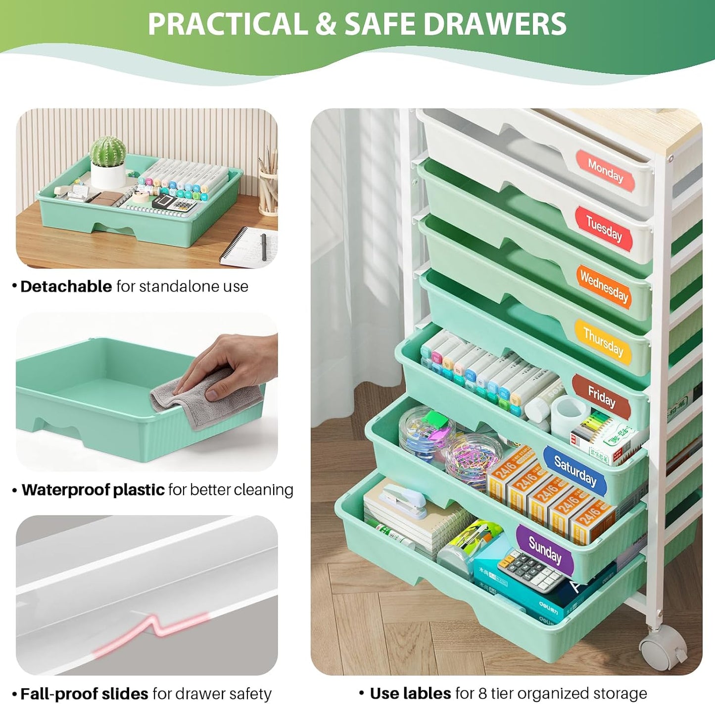 Goovilla Rolling Cart with 8 Drawers for Art, Dorm, Office, Craft, Green