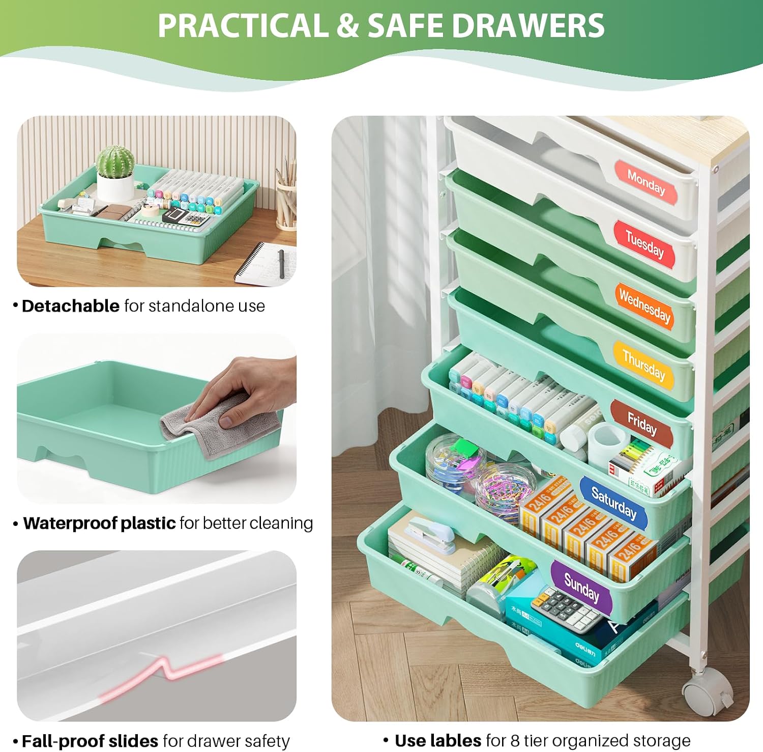 Goovilla Rolling Cart with 8 Drawers for Art, Dorm, Office, Craft, Green