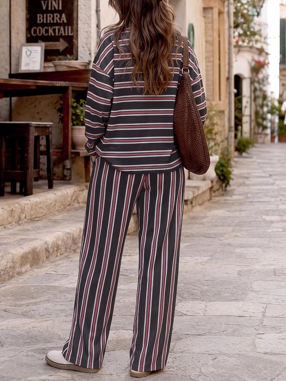 Tankaneo Womens Striped 2 Piece Lounge Sets Long Sleeve Pants Sets