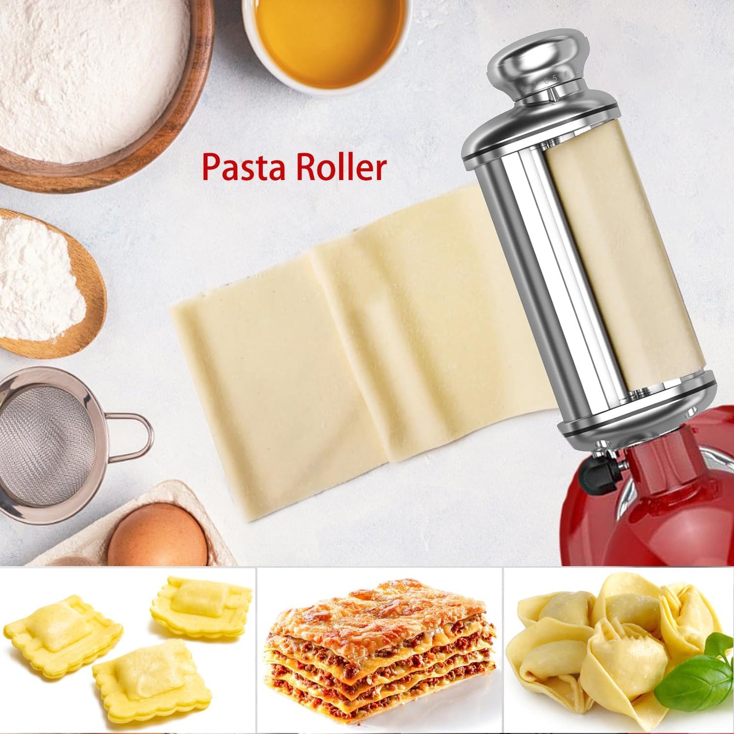 Pasta Maker Attachments for Kitchenaid Mixers, 3-Pieces Pasta Accessories Included Stainless Steel Dough Sheet Roller, Fettuccine Cutter, Spaghetti Cutter and Cleaning Brush