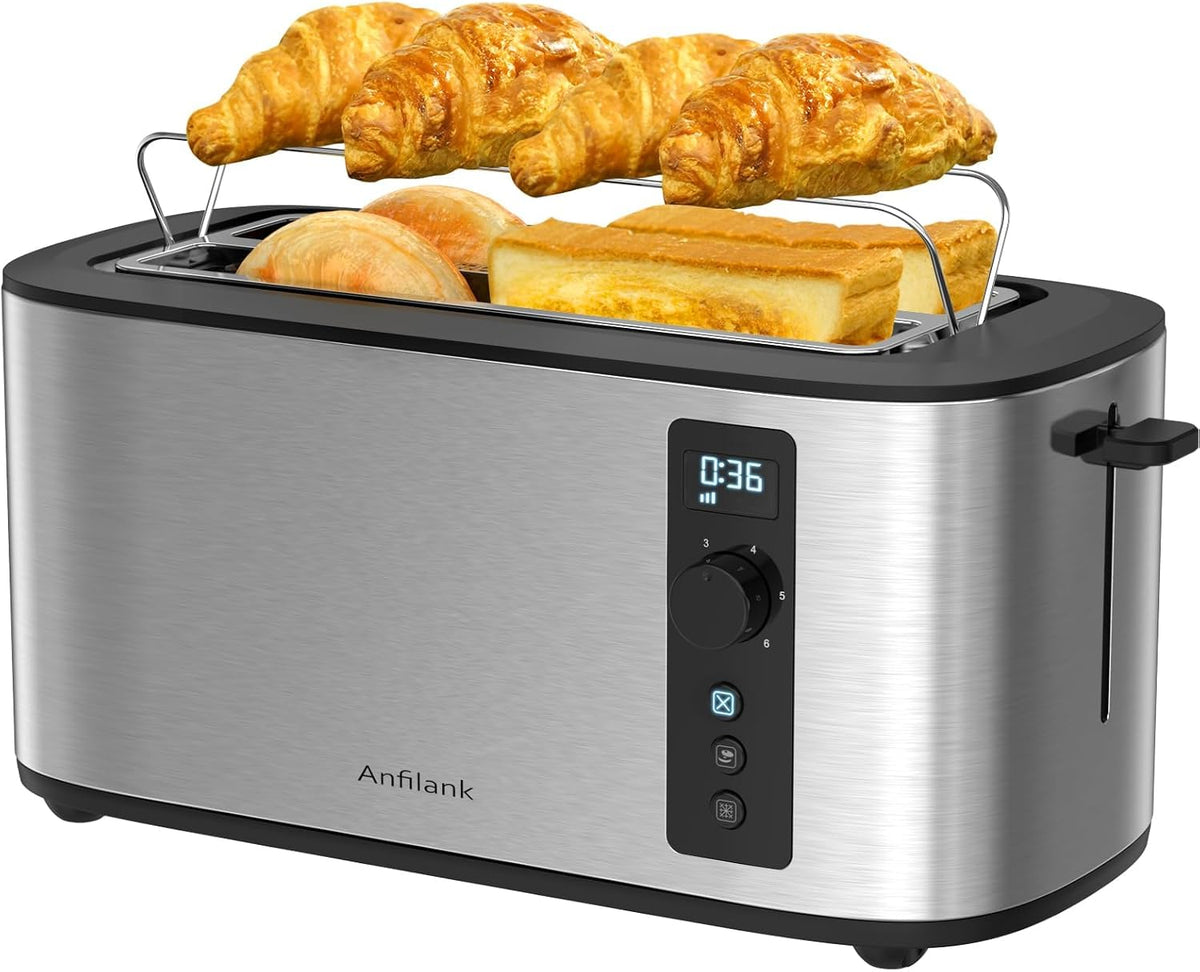 Anfilank Long Slot 4 Slice Toaster, Countdown Timer, 6 Browning Settings, Cancel/Bagel/Defrost Functions, Built-in Warming Rack, Removable Crumb Tray, Extra-Wide Long Slots - Stainless Steel