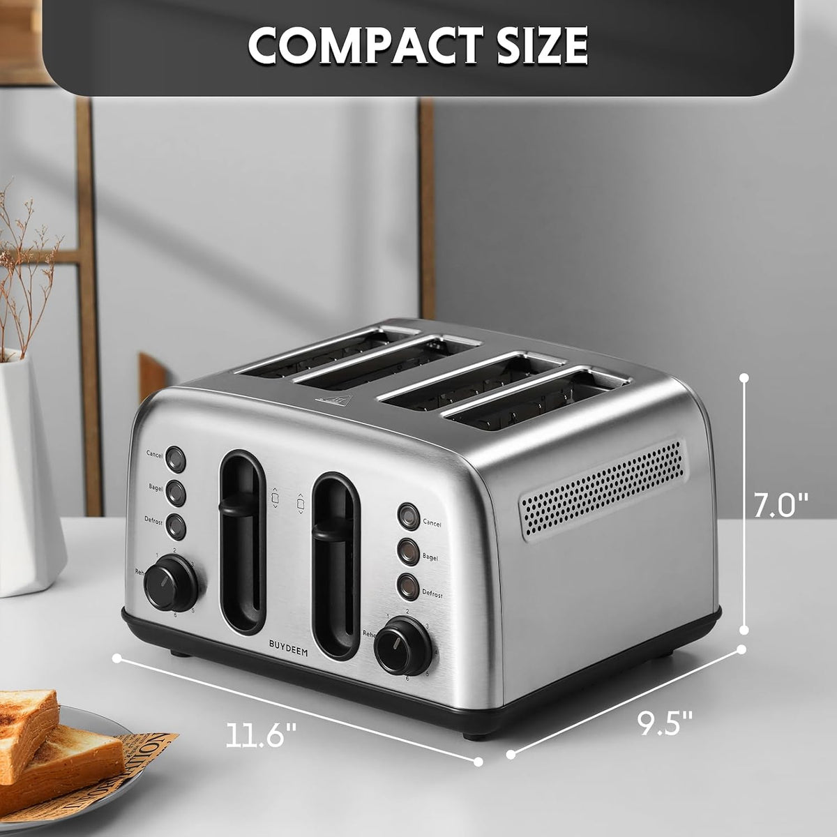 BUYDEEM DT440 4-Slice Toaster, 6 Shade Settings, 1.5" Wide Slots, Silver