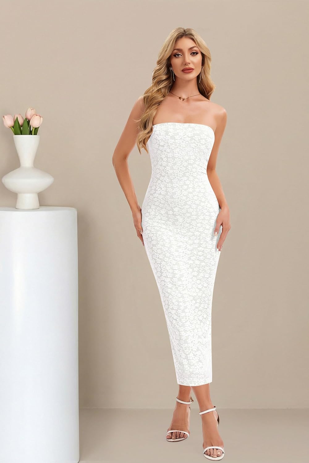Women's Jacquard Floral Strapless Bodycon Midi Dress Off Shoulder Tube Beach Wedding Guest Bridal Dresses