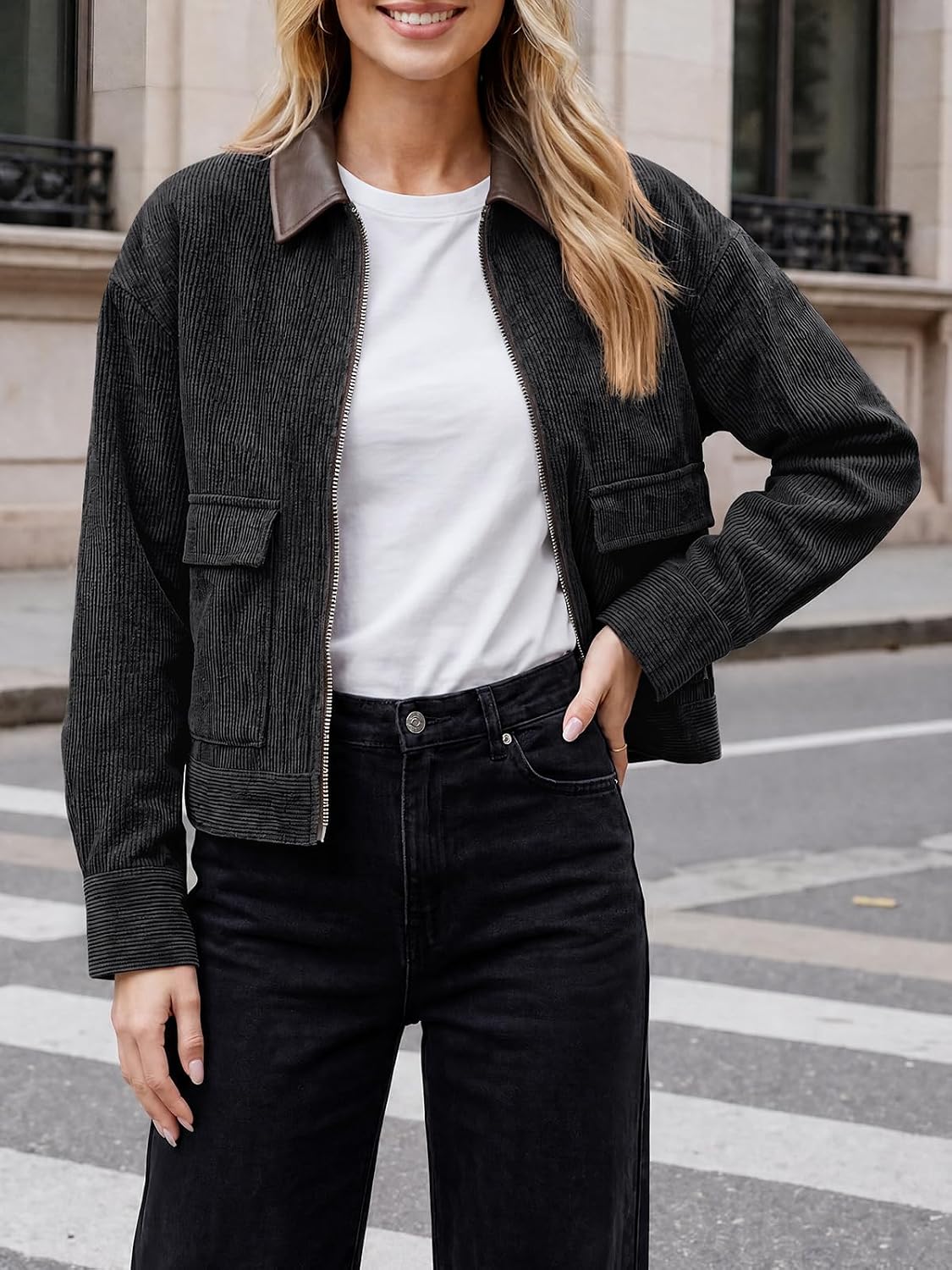 Tankaneo Womens Cropped Corduroy Jackets Oversized Zip Up Barn Bomber Coat