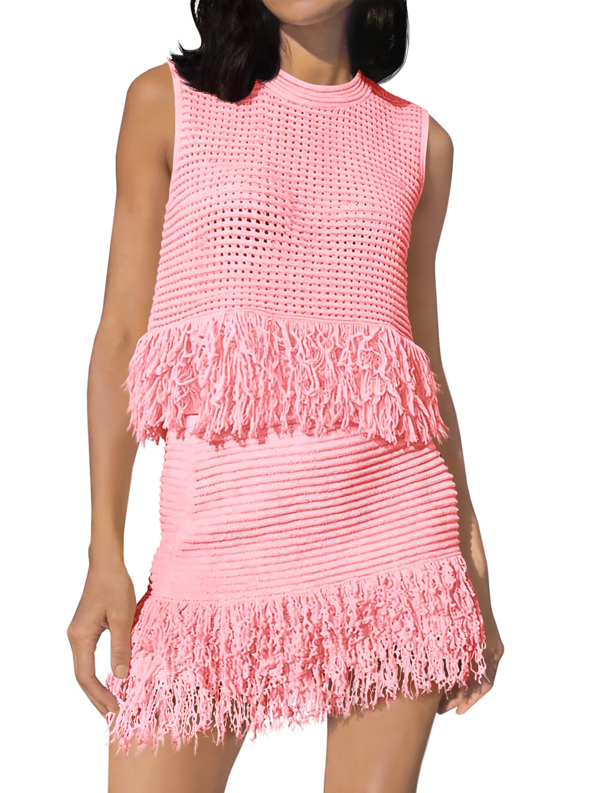 Fisoew Womens 2 Piece Crochet Outfits Sleeveless Knit Sweater Tops Fringe Skirts Summer Vacation Sets Beach Cover Ups