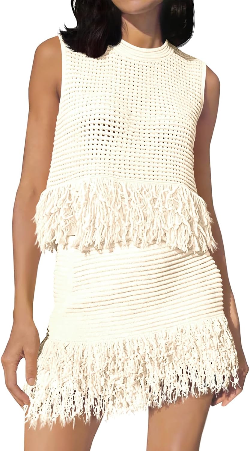 Fisoew Womens 2 Piece Crochet Outfits Sleeveless Knit Sweater Tops Fringe Skirts Summer Vacation Sets Beach Cover Ups