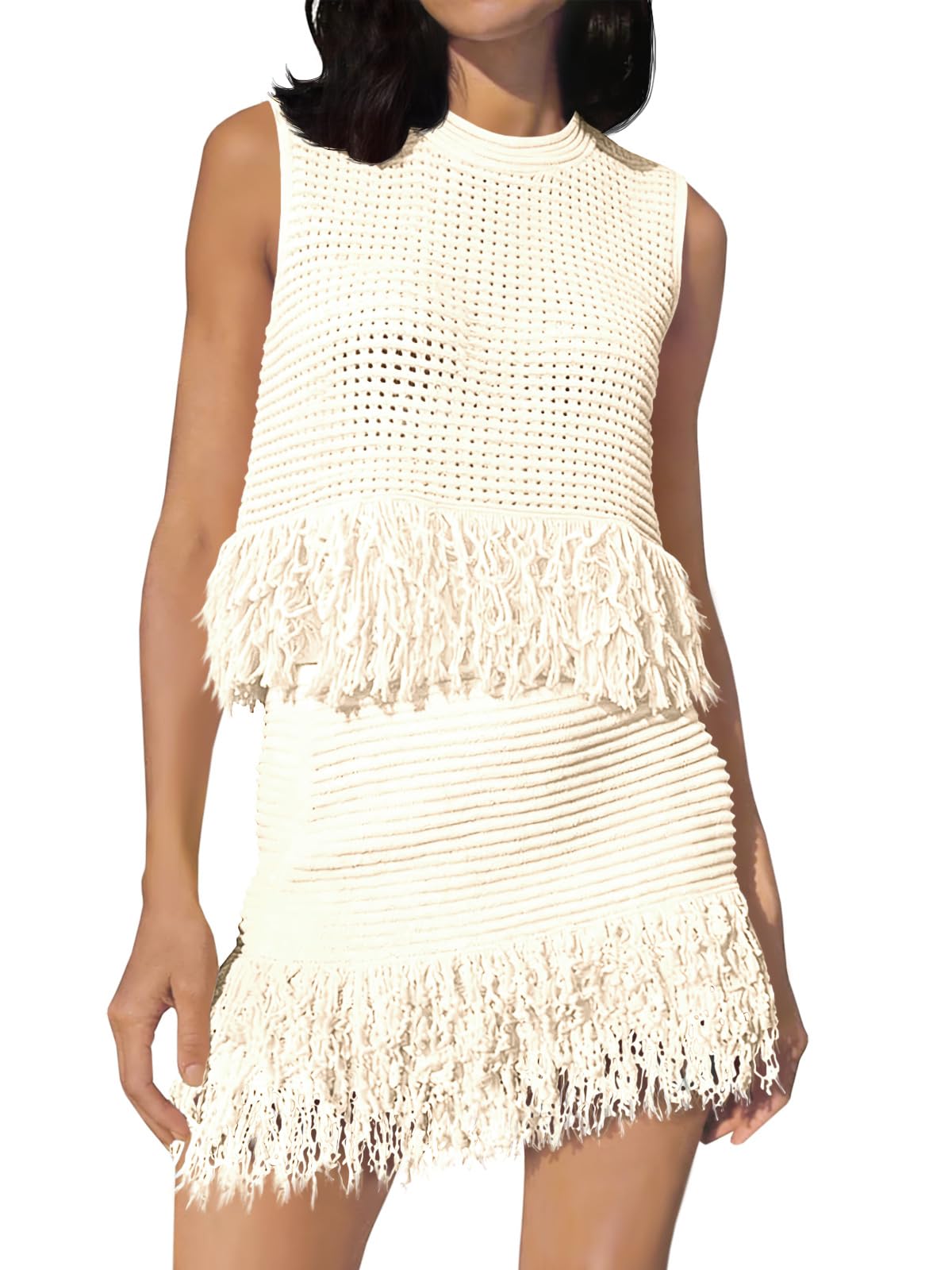 Fisoew Womens 2 Piece Crochet Outfits Sleeveless Knit Sweater Tops Fringe Skirts Summer Vacation Sets Beach Cover Ups