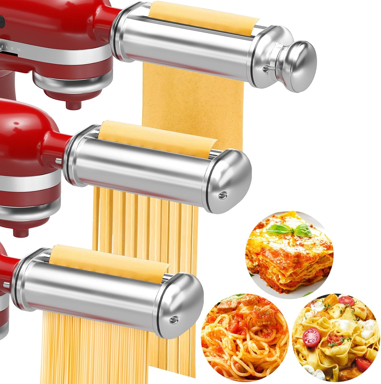 Pasta Maker Attachments for Kitchenaid Mixers, 3-Pieces Pasta Accessories Included Stainless Steel Dough Sheet Roller, Fettuccine Cutter, Spaghetti Cutter and Cleaning Brush