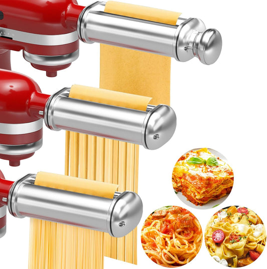 Pasta Maker Attachments for Kitchenaid Mixers, 3-Pieces Pasta Accessories Included Stainless Steel Dough Sheet Roller, Fettuccine Cutter, Spaghetti Cutter and Cleaning Brush