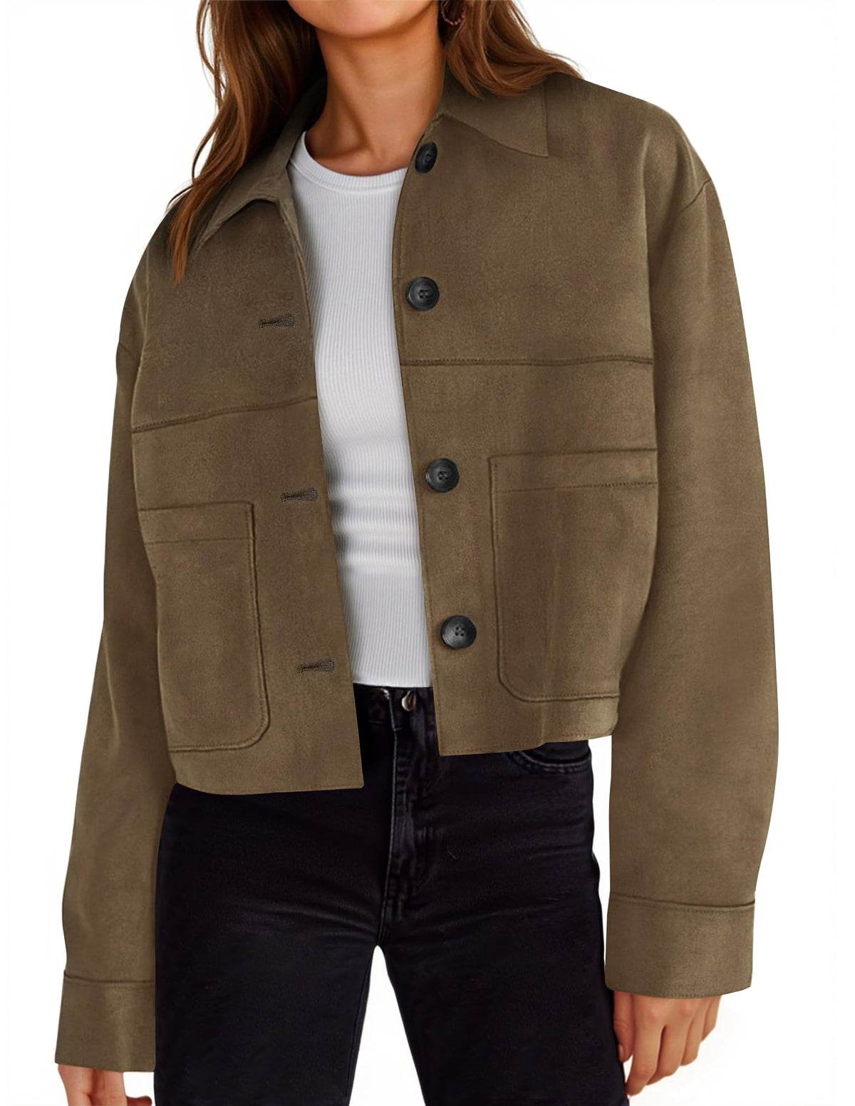Tankaneo Womens Cropped Faux Suede Leather Jackets Lapel Collar Shackets