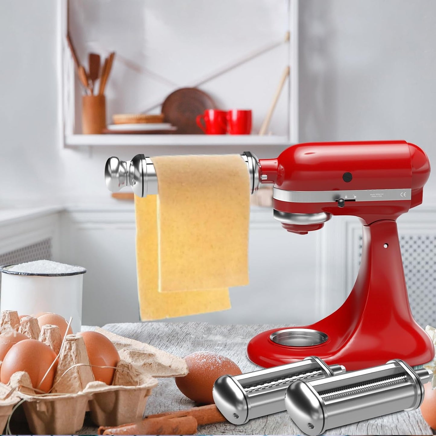 Pasta Maker Attachments for Kitchenaid Mixers, 3-Pieces Pasta Accessories Included Stainless Steel Dough Sheet Roller, Fettuccine Cutter, Spaghetti Cutter and Cleaning Brush