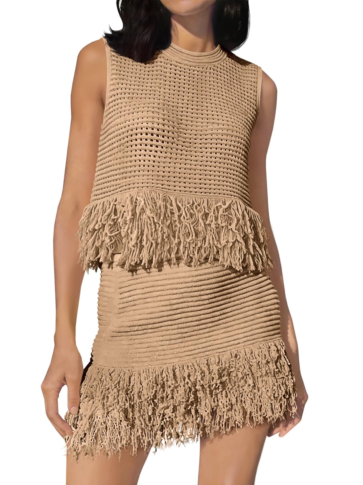 Fisoew Womens 2 Piece Crochet Outfits Sleeveless Knit Sweater Tops Fringe Skirts Summer Vacation Sets Beach Cover Ups