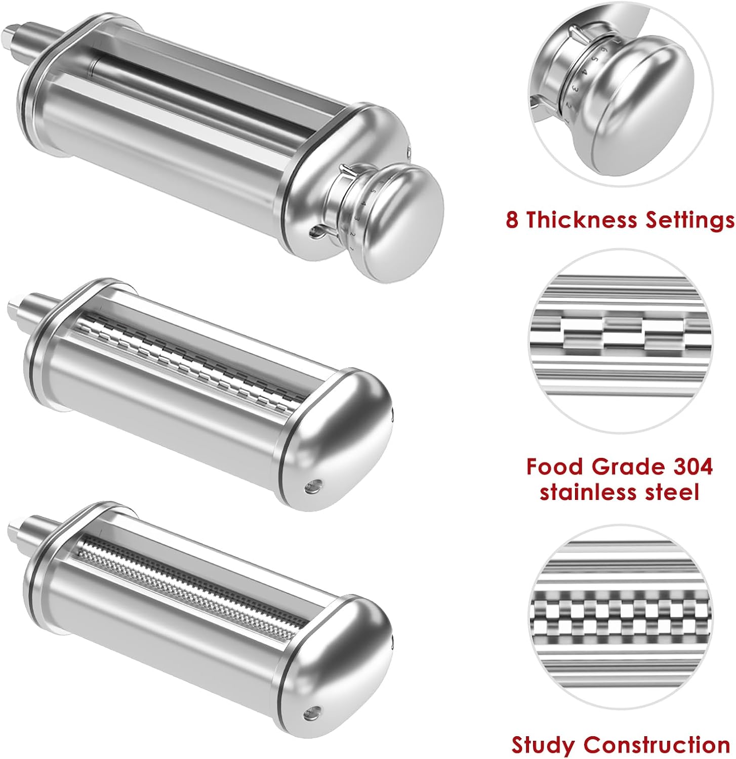 Pasta Maker Attachments for Kitchenaid Mixers, 3-Pieces Pasta Accessories Included Stainless Steel Dough Sheet Roller, Fettuccine Cutter, Spaghetti Cutter and Cleaning Brush
