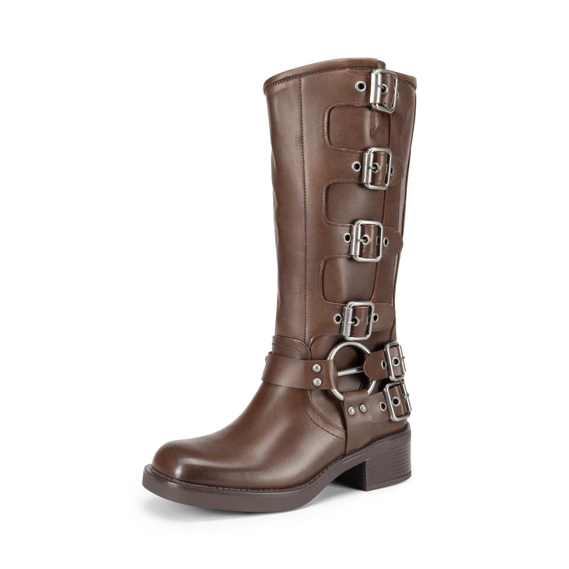 DREAM PAIRS Women's Knee High Riding Boots Side Zipper Motorcycle Boots Square Toe Chunky Heel Fashion Buckles Biker Boots