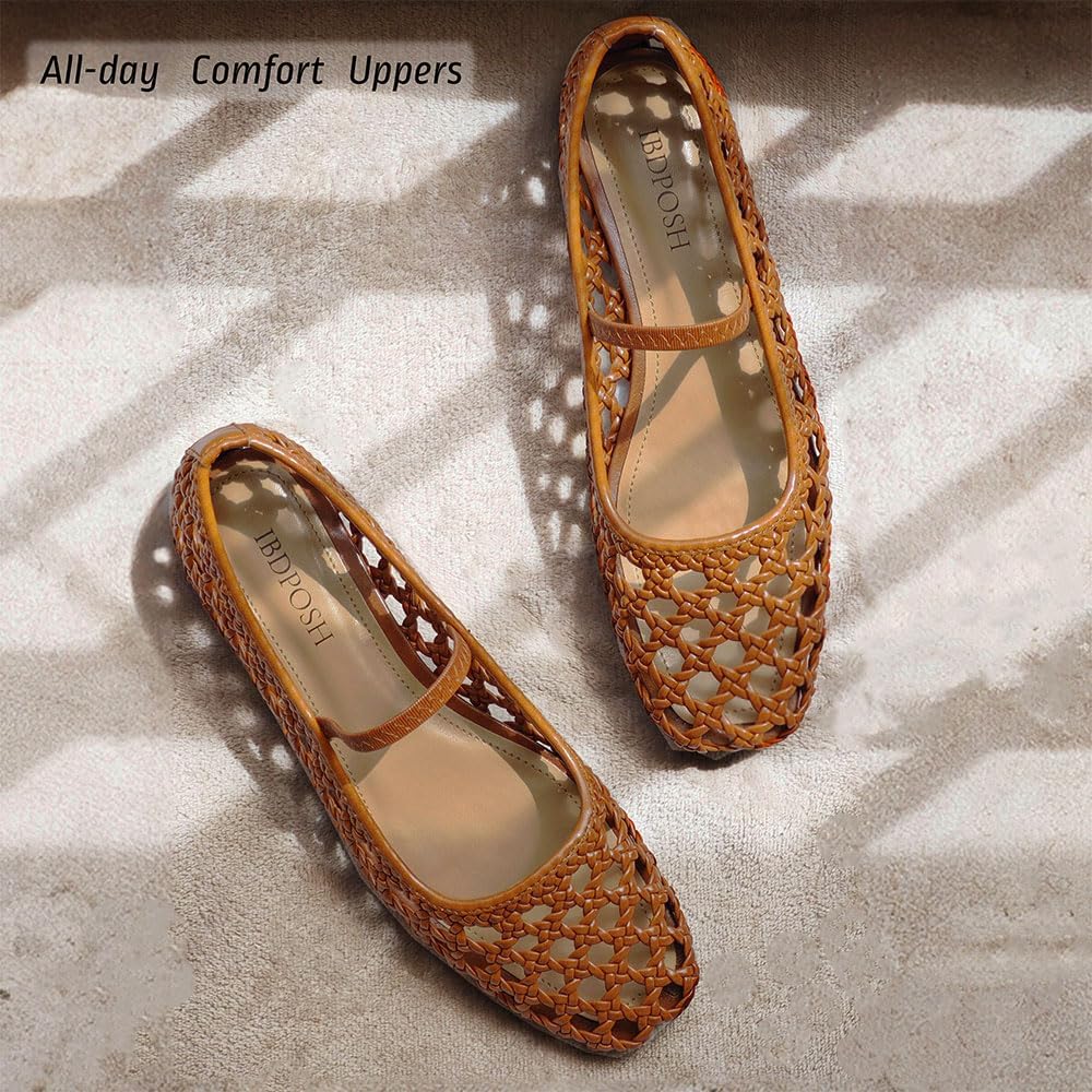 Woven Mesh Ballet Flats Shoes for Women with Elastic Strap Square Toe Breathable Slip On Flat Mary Janes Dress Casual Shoes