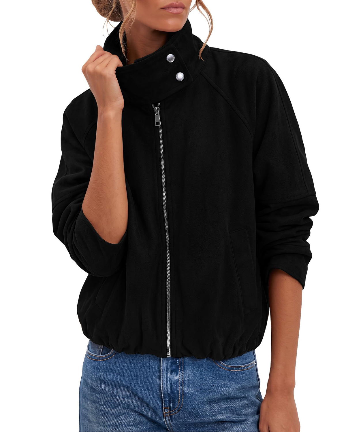 luvamia Faux Suede Jackets Women Oversized Cropped Funnel Neck Zip Up Coats