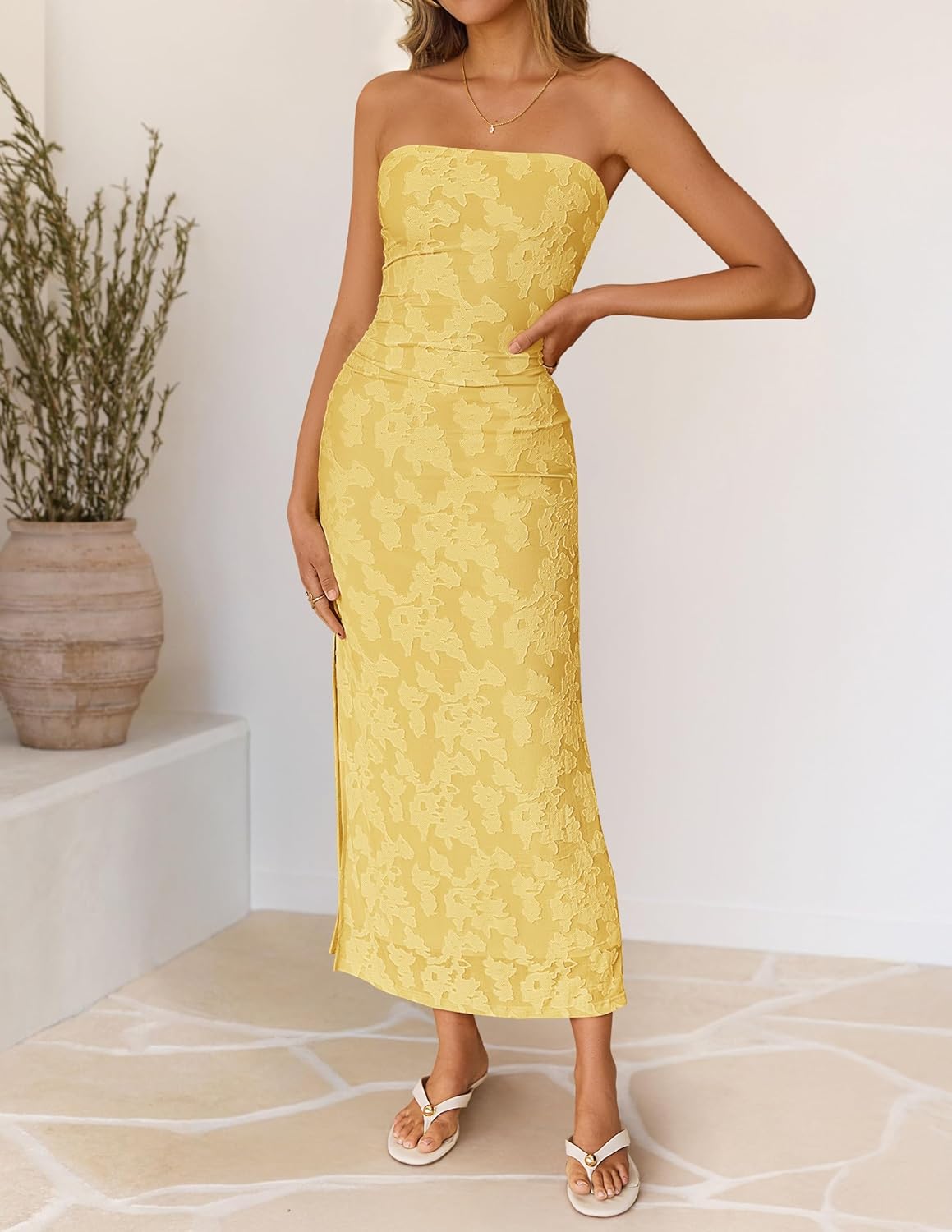 ZESICA Womens 2026 Summer Floral Strapless Maxi Dress Bodycon Side Slit Mesh Formal Cocktail Party Wedding Guest Long Dresses