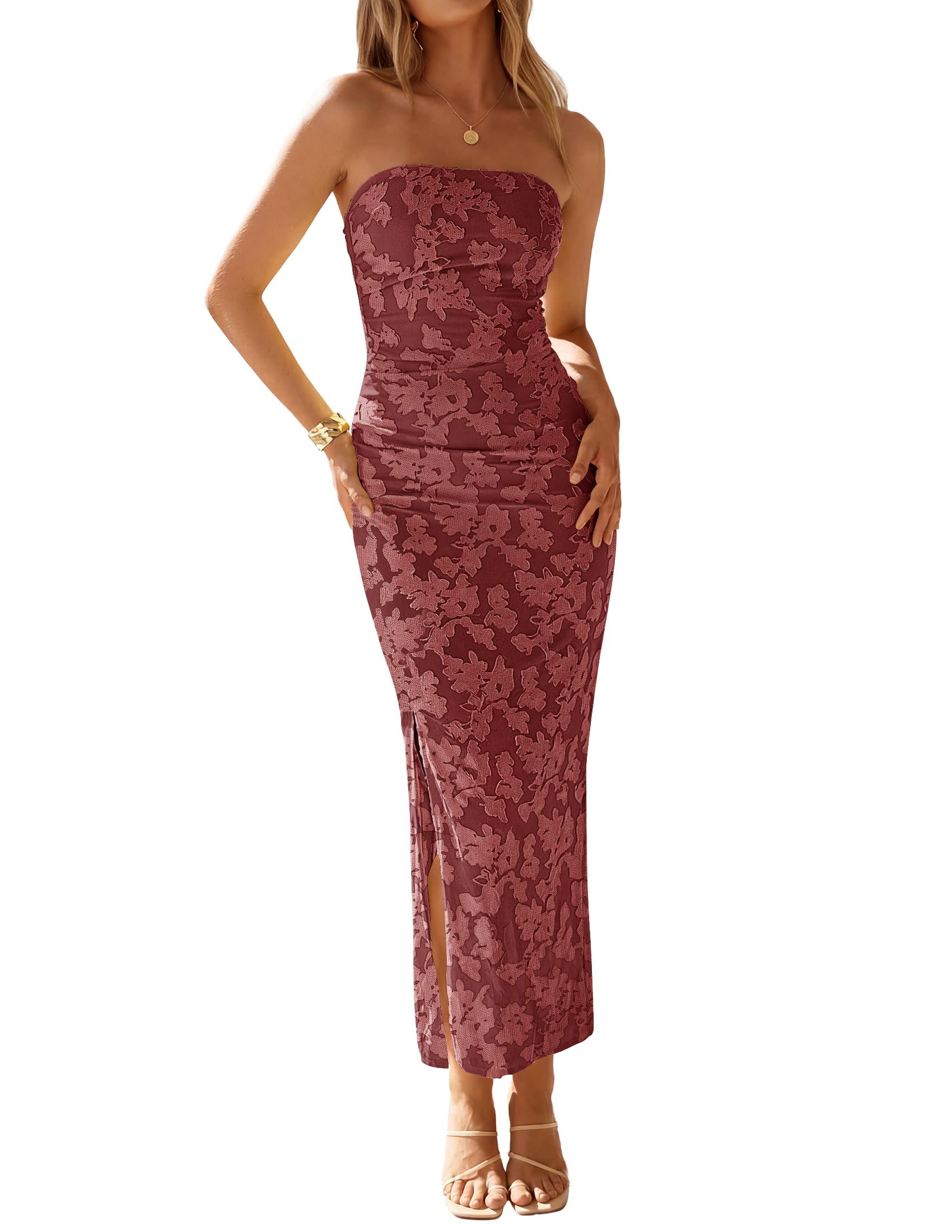 ZESICA Womens 2026 Summer Floral Strapless Maxi Dress Bodycon Side Slit Mesh Formal Cocktail Party Wedding Guest Long Dresses
