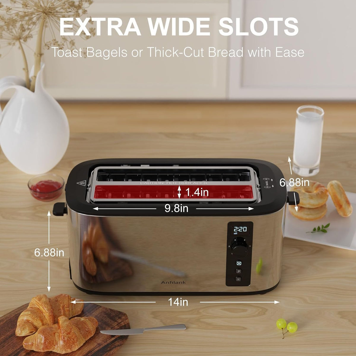 Anfilank Long Slot 4 Slice Toaster, Countdown Timer, 6 Browning Settings, Cancel/Bagel/Defrost Functions, Built-in Warming Rack, Removable Crumb Tray, Extra-Wide Long Slots - Stainless Steel