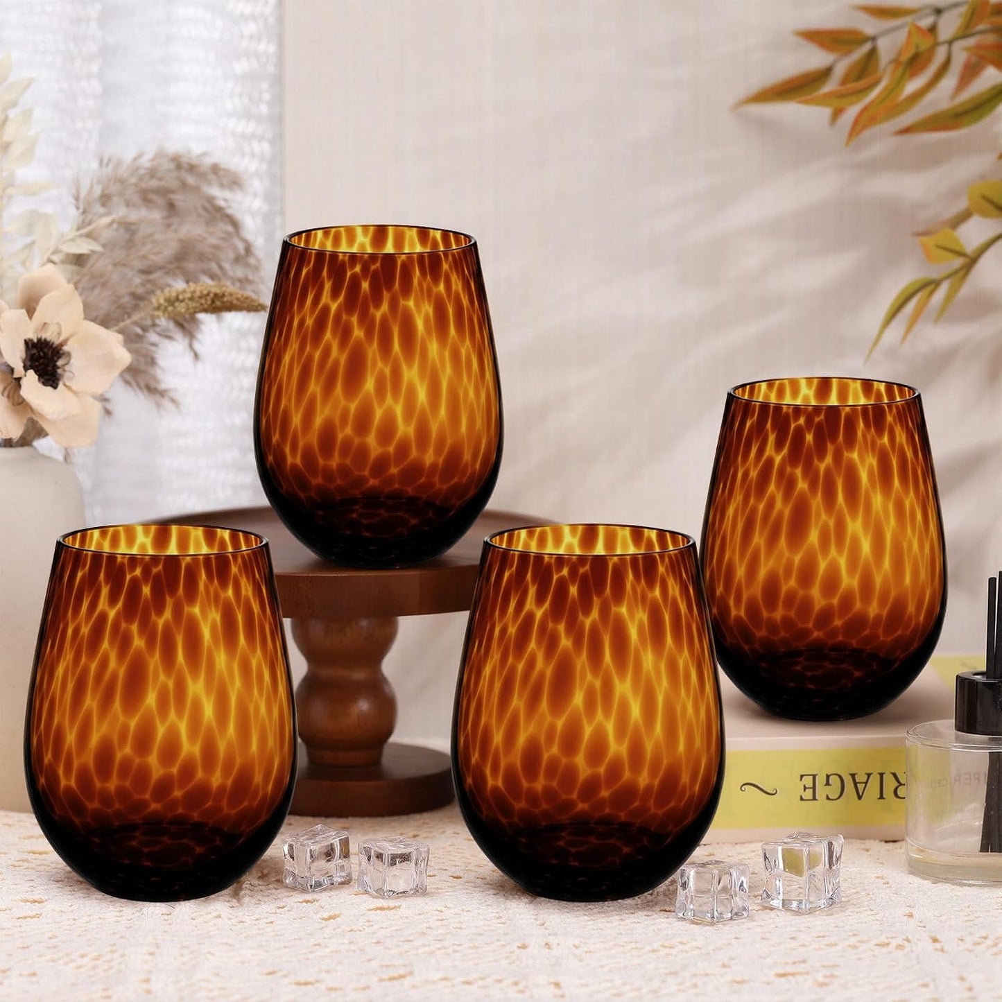 Honeydak Set of 4 Tortoise Leopard Print Brown 16oz Rocks Glasses Stylish Stemless Cocktail Cups Glass Glassware Tumbler Ideal for Gin, Tequila, Vodka, Soft Drinks