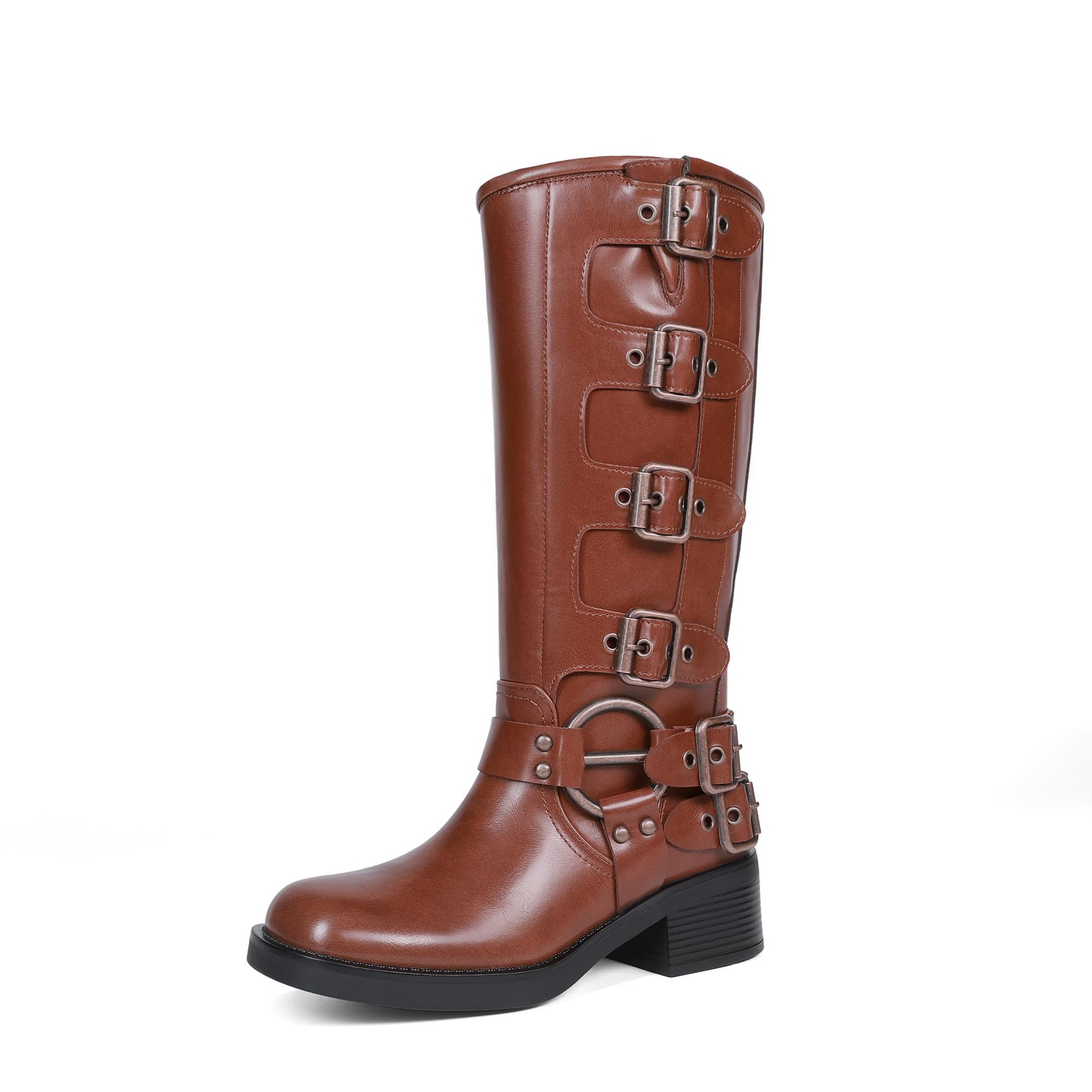 DREAM PAIRS Women's Knee High Riding Boots Side Zipper Motorcycle Boots Square Toe Chunky Heel Fashion Buckles Biker Boots