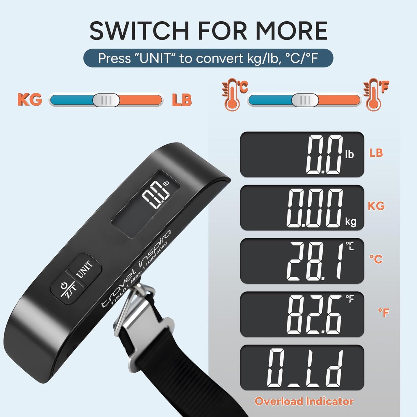 travel inspira Luggage Scale, Portable Digital Hanging Baggage Scale for Travel, Suitcase Weight Scale with Rubber Paint, 110 Pounds, Battery Included - Black