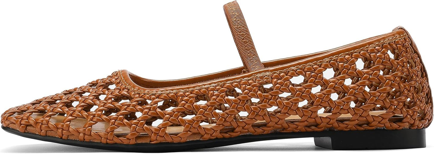 Woven Mesh Ballet Flats Shoes for Women with Elastic Strap Square Toe Breathable Slip On Flat Mary Janes Dress Casual Shoes