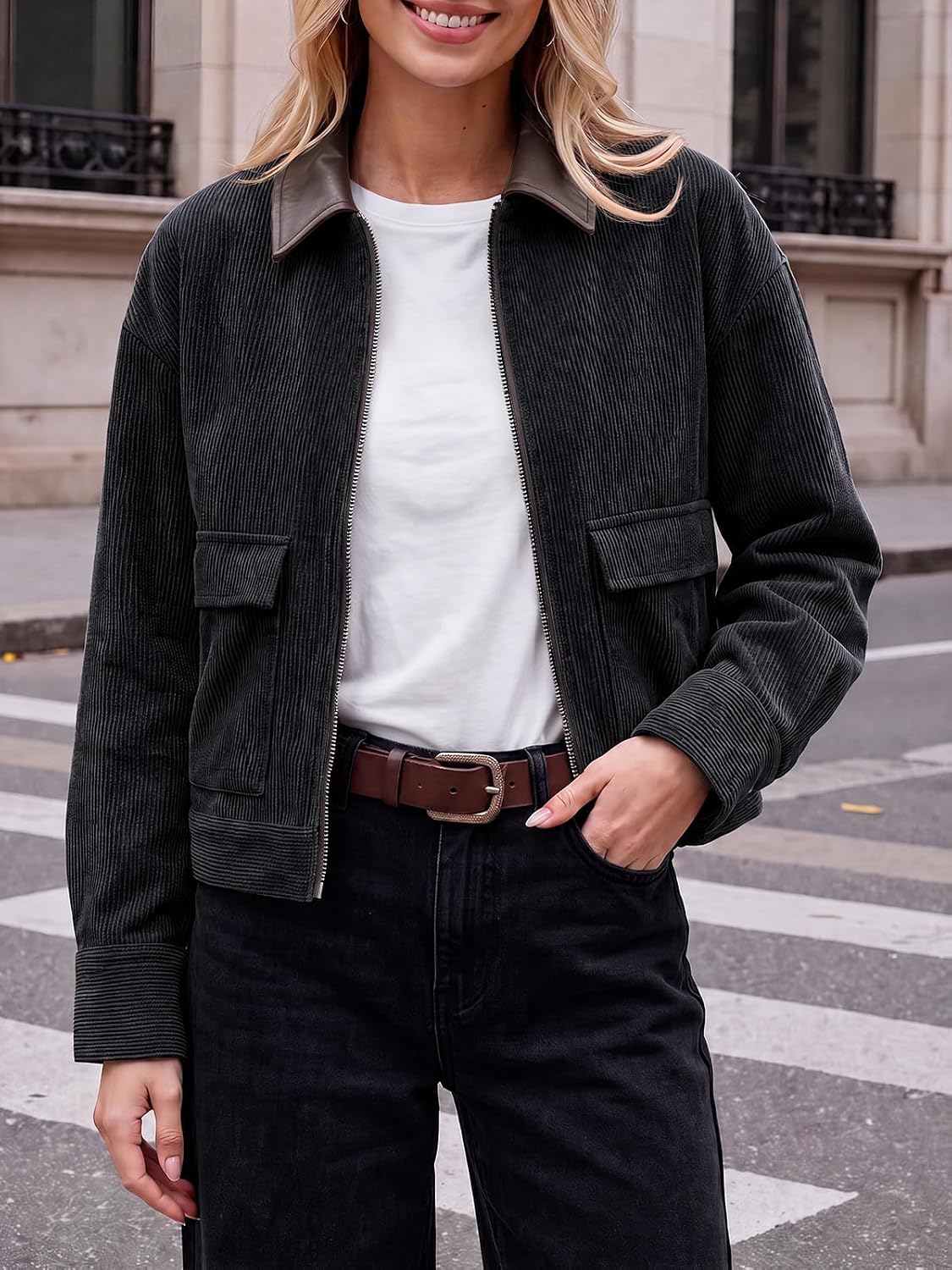 Tankaneo Womens Cropped Corduroy Jackets Oversized Zip Up Barn Bomber Coat