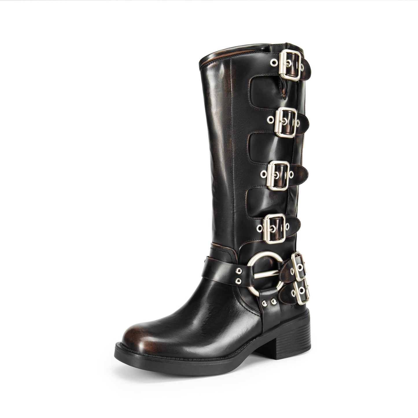 DREAM PAIRS Women's Knee High Riding Boots Side Zipper Motorcycle Boots Square Toe Chunky Heel Fashion Buckles Biker Boots