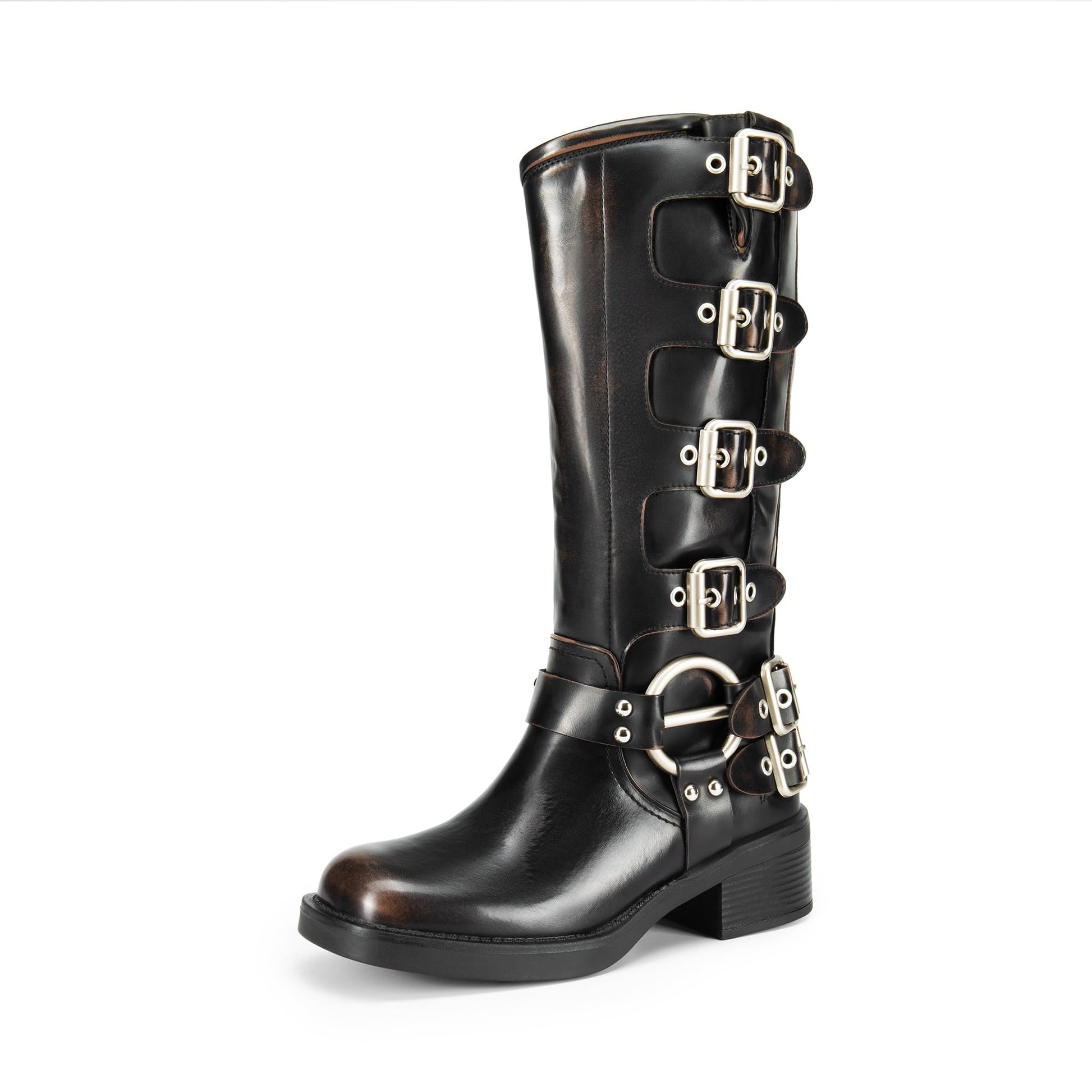 DREAM PAIRS Women's Knee High Riding Boots Side Zipper Motorcycle Boots Square Toe Chunky Heel Fashion Buckles Biker Boots
