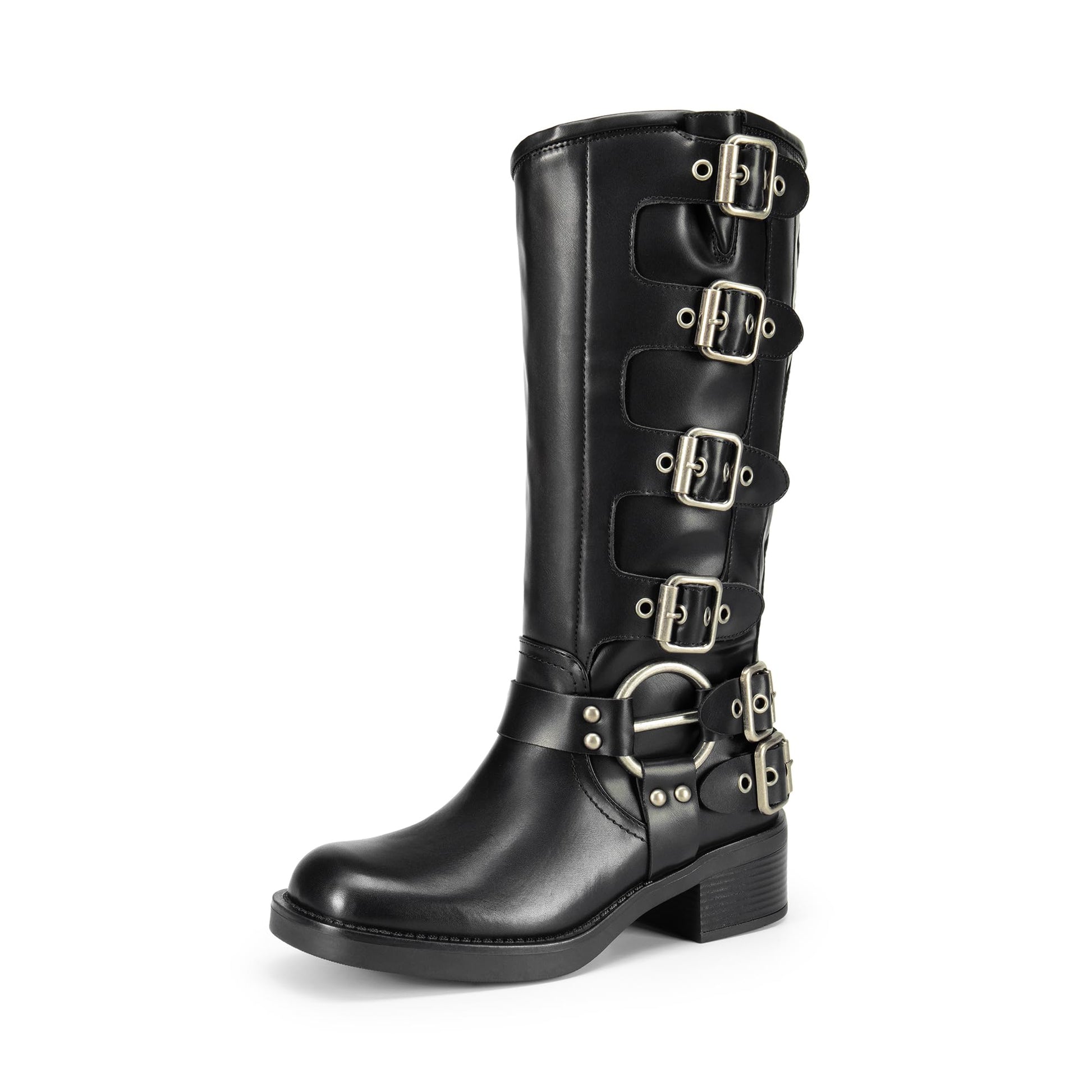 DREAM PAIRS Women's Knee High Riding Boots Side Zipper Motorcycle Boots Square Toe Chunky Heel Fashion Buckles Biker Boots